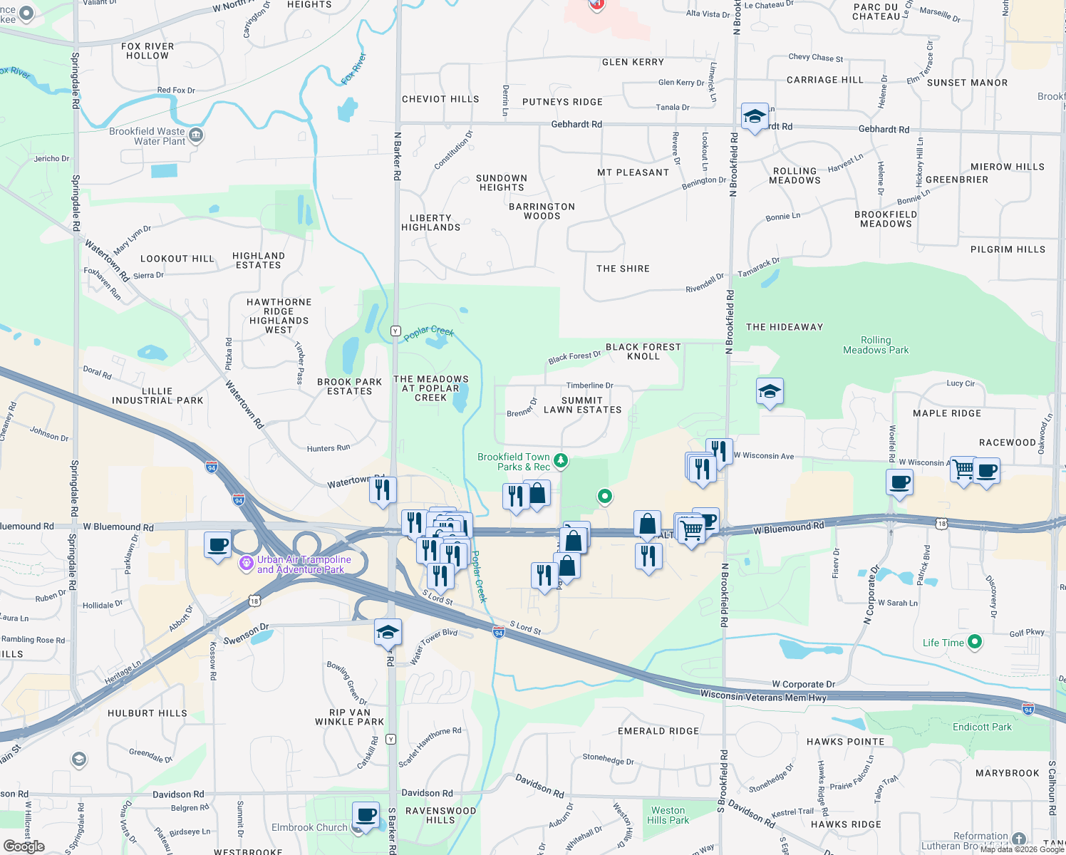 map of restaurants, bars, coffee shops, grocery stores, and more near 19725 Brenner Ct in Brookfield