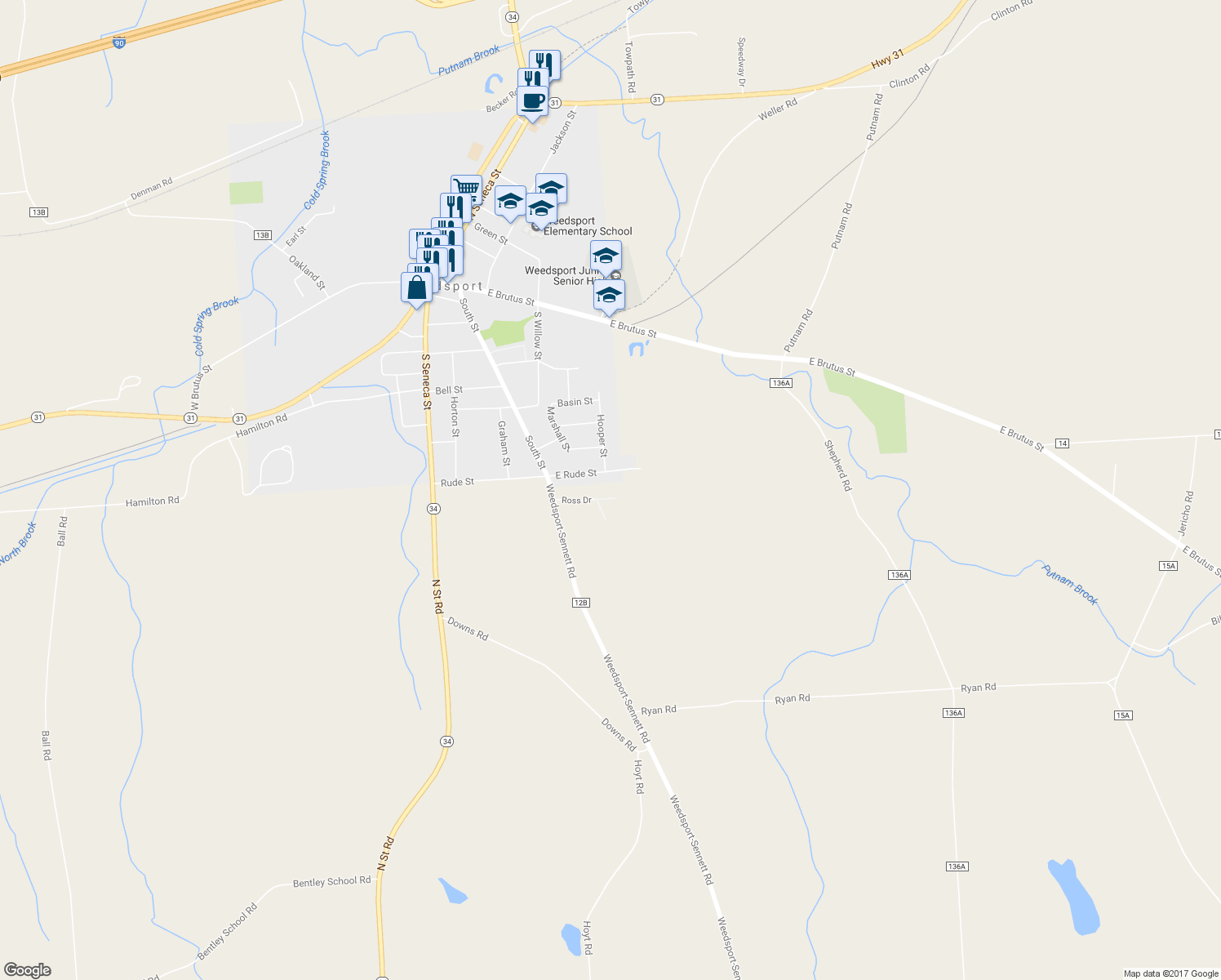 map of restaurants, bars, coffee shops, grocery stores, and more near 2821 Ross Drive in Weedsport