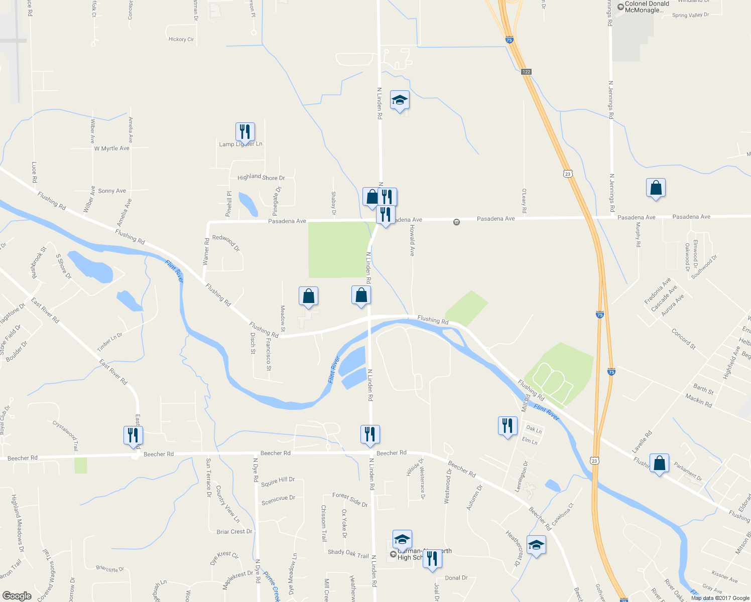 map of restaurants, bars, coffee shops, grocery stores, and more near 2344 North Linden Road in Flint