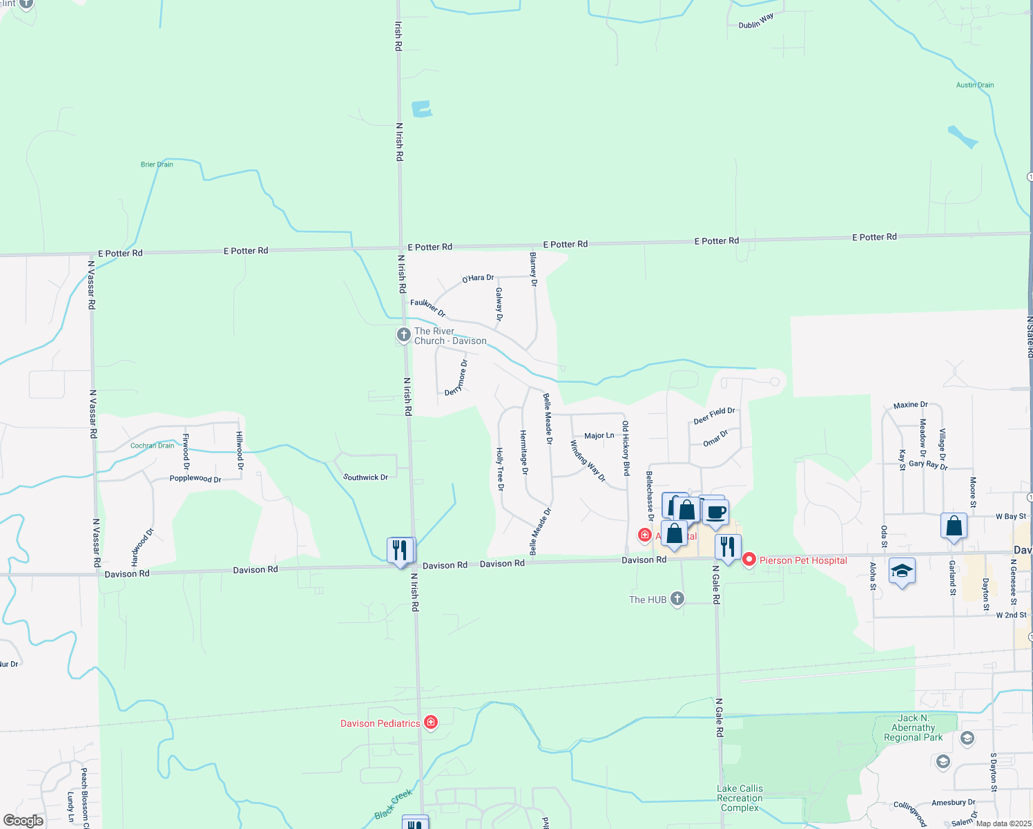 map of restaurants, bars, coffee shops, grocery stores, and more near 2257 Hermitage Dr in Davison