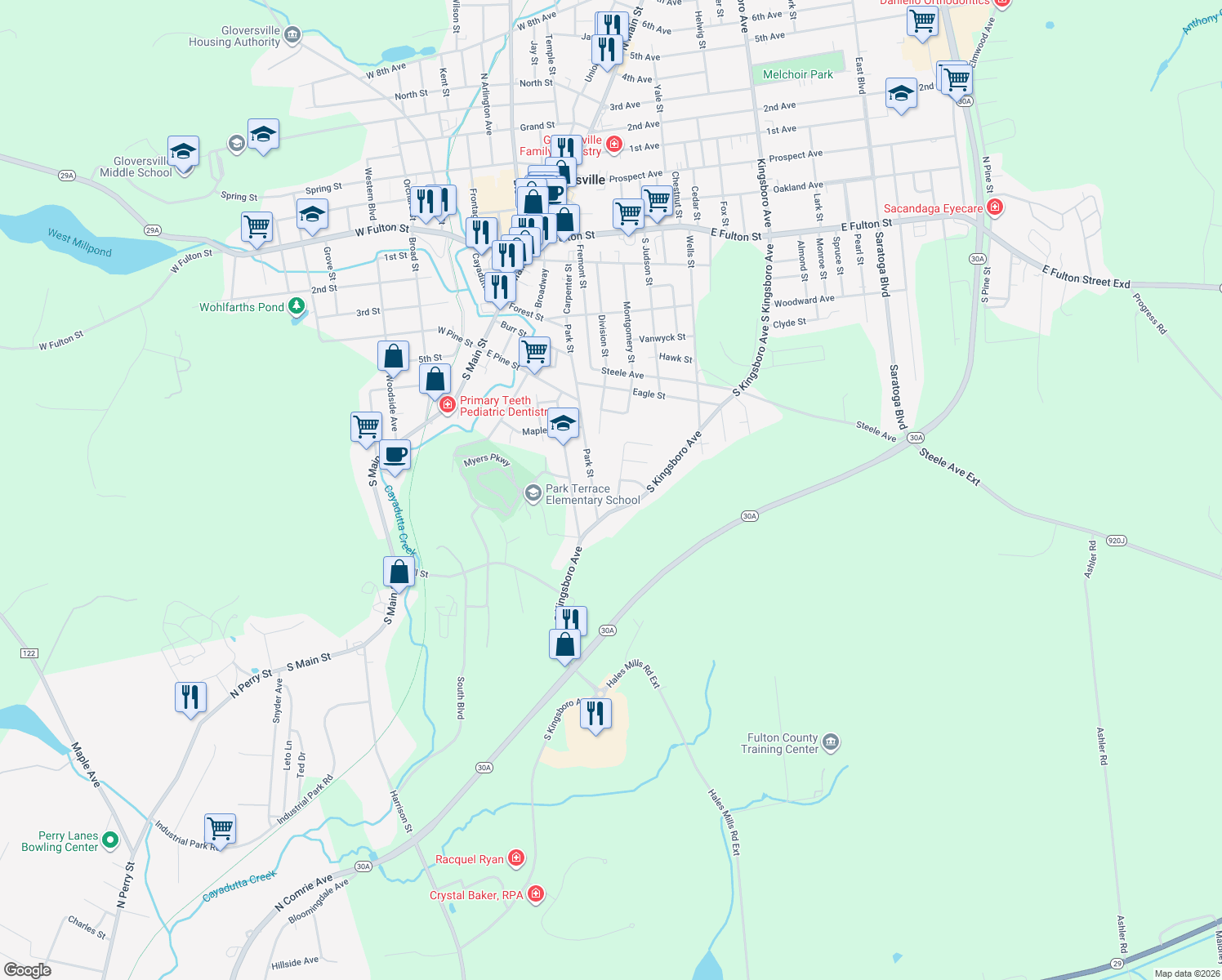 map of restaurants, bars, coffee shops, grocery stores, and more near 3 Grandview Drive in Gloversville