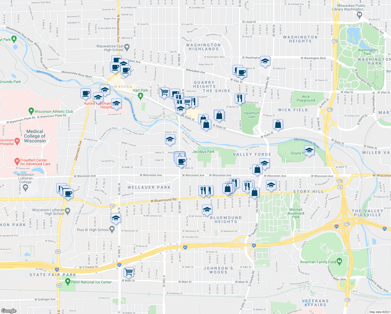 map of restaurants, bars, coffee shops, grocery stores, and more near 6604 Cedar Street in Wauwatosa