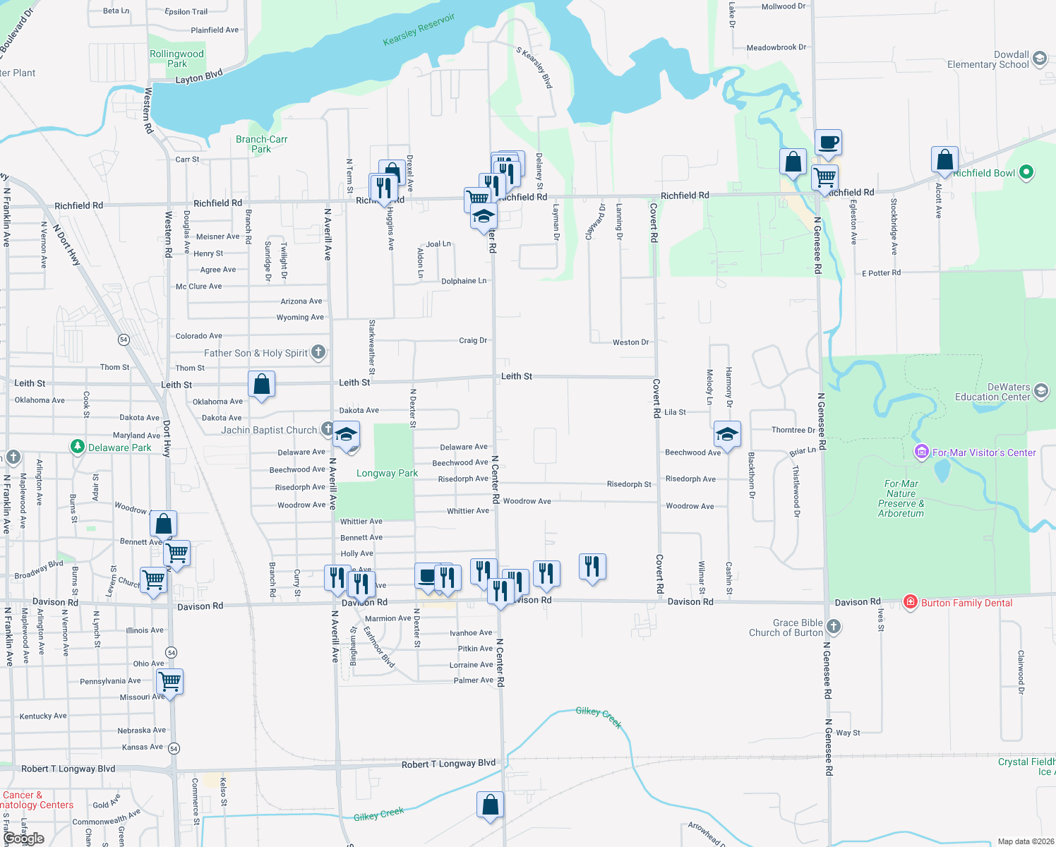 map of restaurants, bars, coffee shops, grocery stores, and more near 2273 Glade St in Burton