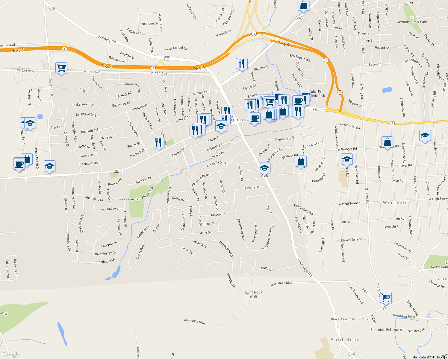 map of restaurants, bars, coffee shops, grocery stores, and more near 107 Jarrett Drive in Syracuse