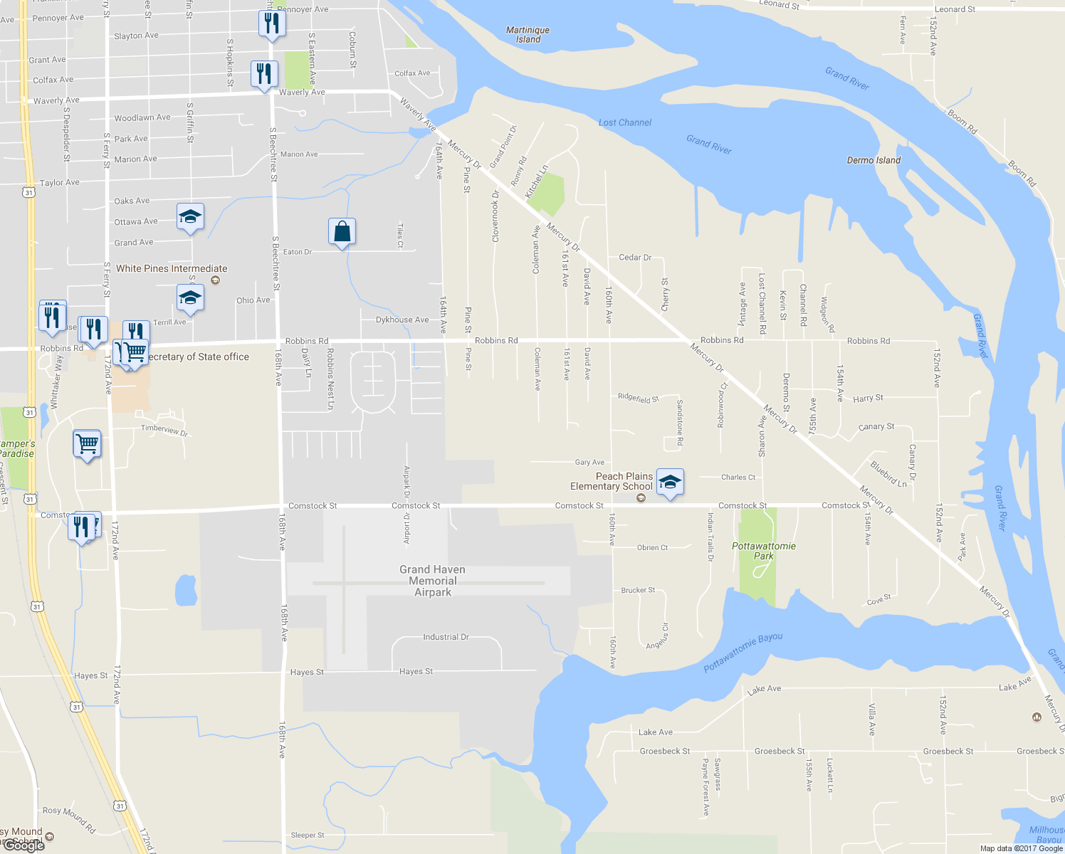 map of restaurants, bars, coffee shops, grocery stores, and more near 14983 Coleman Avenue in Grand Haven