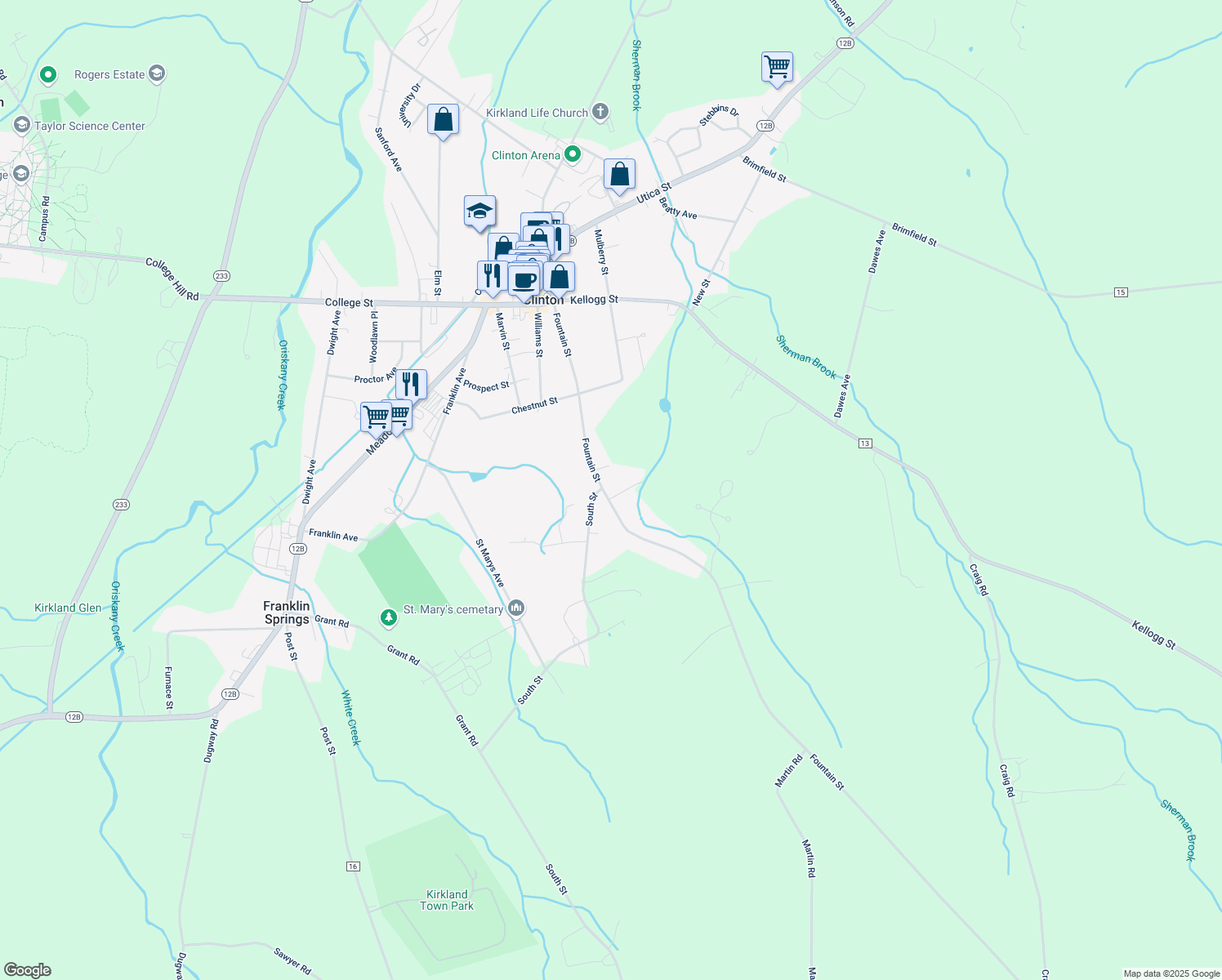 map of restaurants, bars, coffee shops, grocery stores, and more near 3868 Fountain Street in Clinton