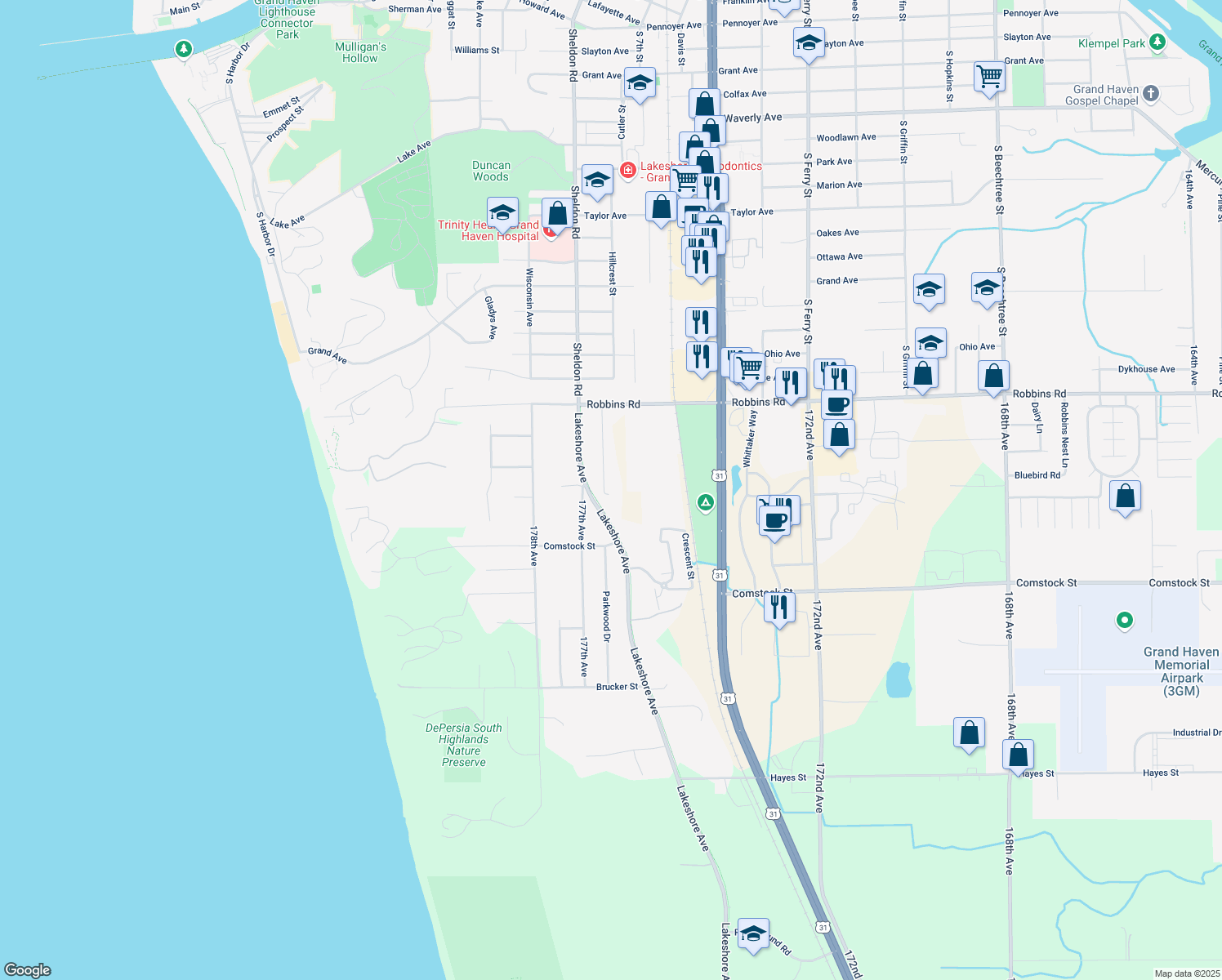 map of restaurants, bars, coffee shops, grocery stores, and more near 15010 Westray Street in Grand Haven