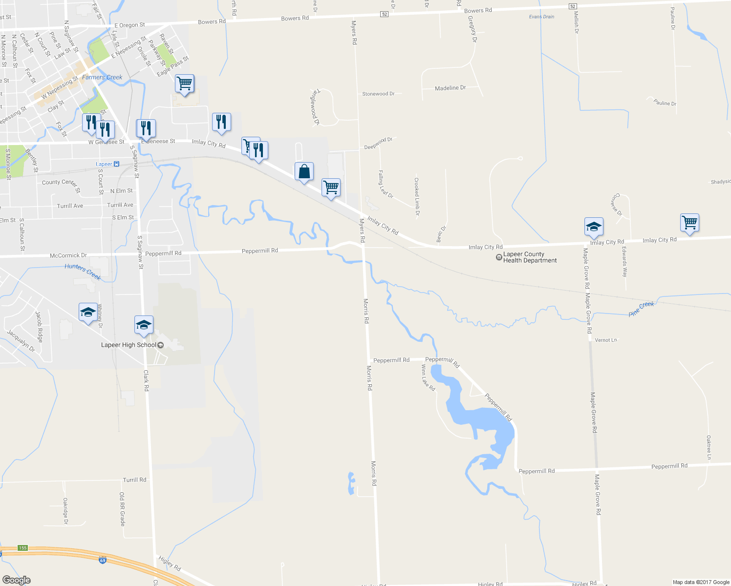map of restaurants, bars, coffee shops, grocery stores, and more near 1346 Morris Road in Lapeer