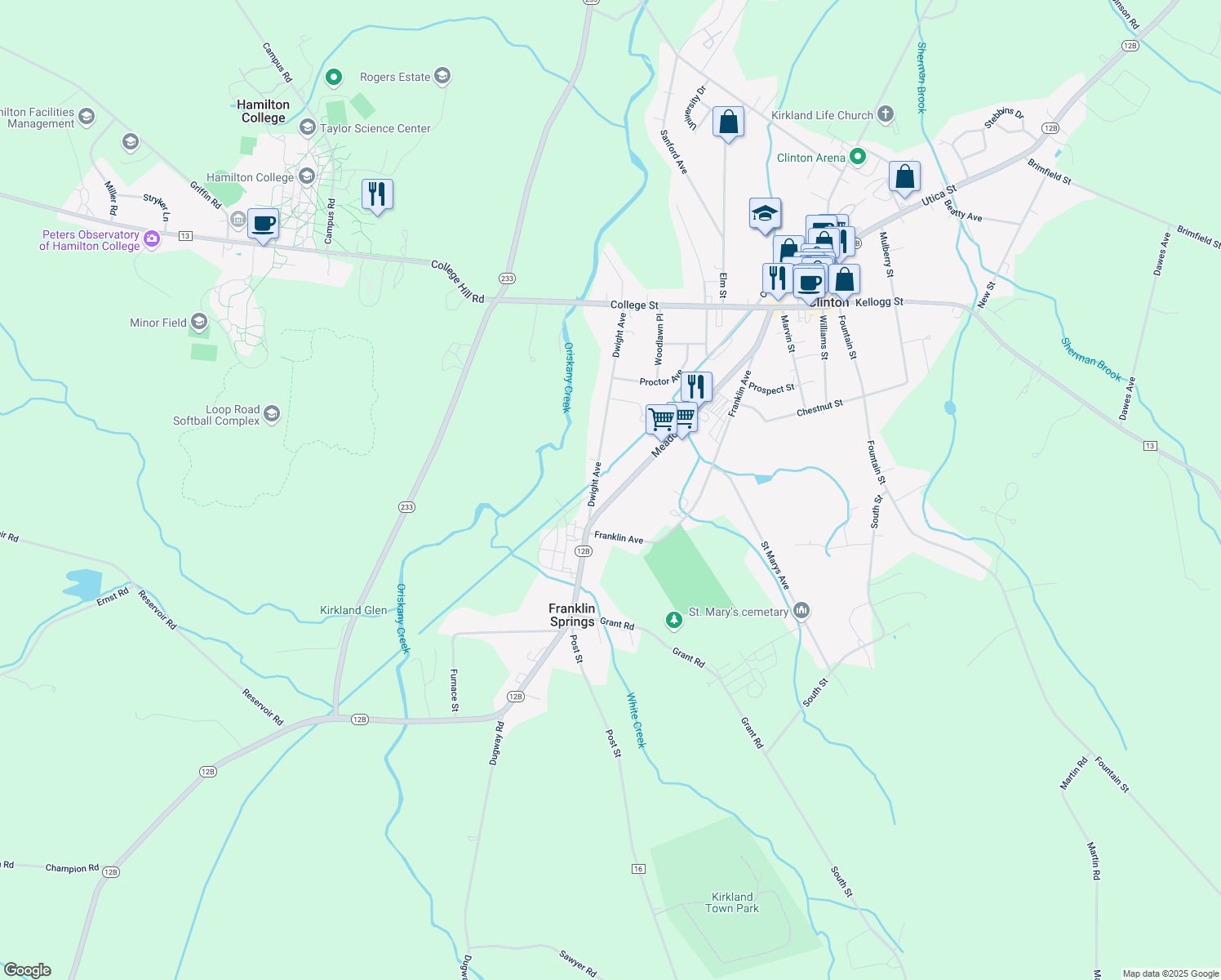 map of restaurants, bars, coffee shops, grocery stores, and more near 78 Meadow Street in Clinton