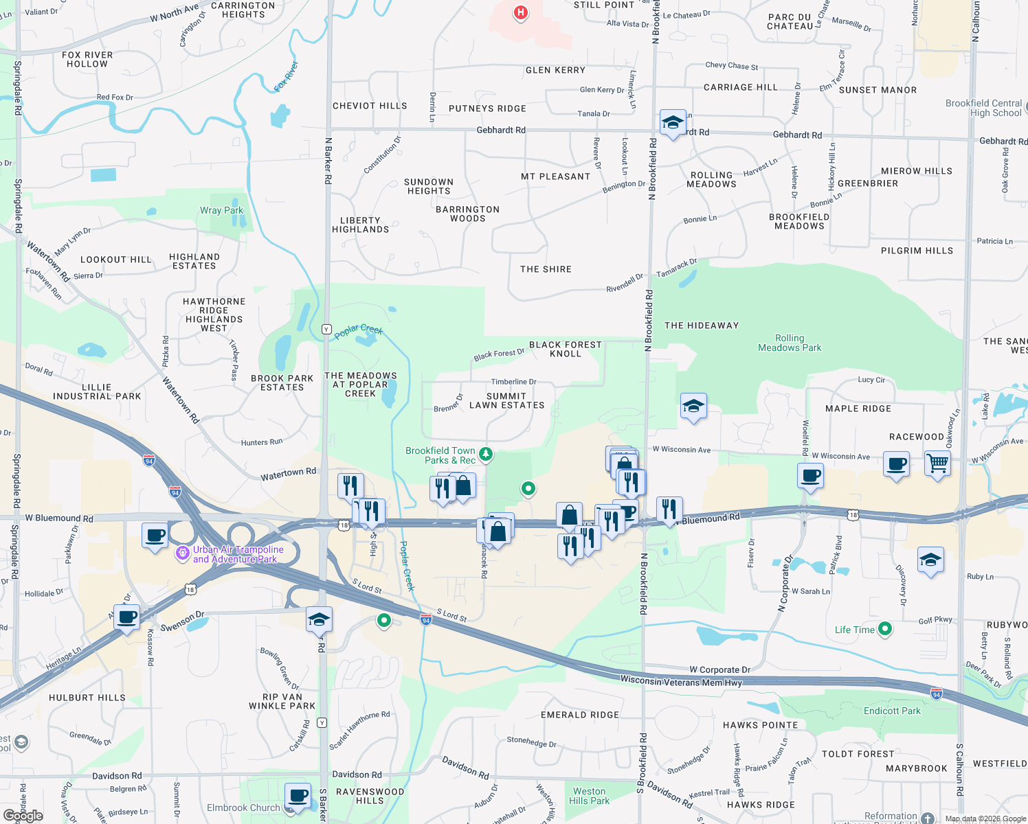 map of restaurants, bars, coffee shops, grocery stores, and more near 850 N Janacek Rd in Brookfield