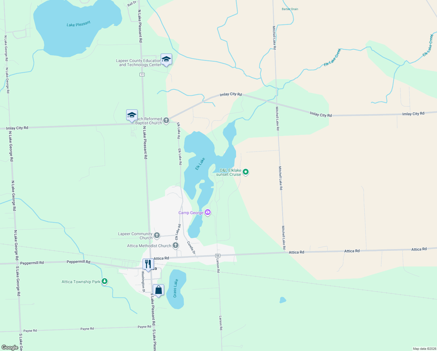 map of restaurants, bars, coffee shops, grocery stores, and more near 4805 Northway Drive in Attica
