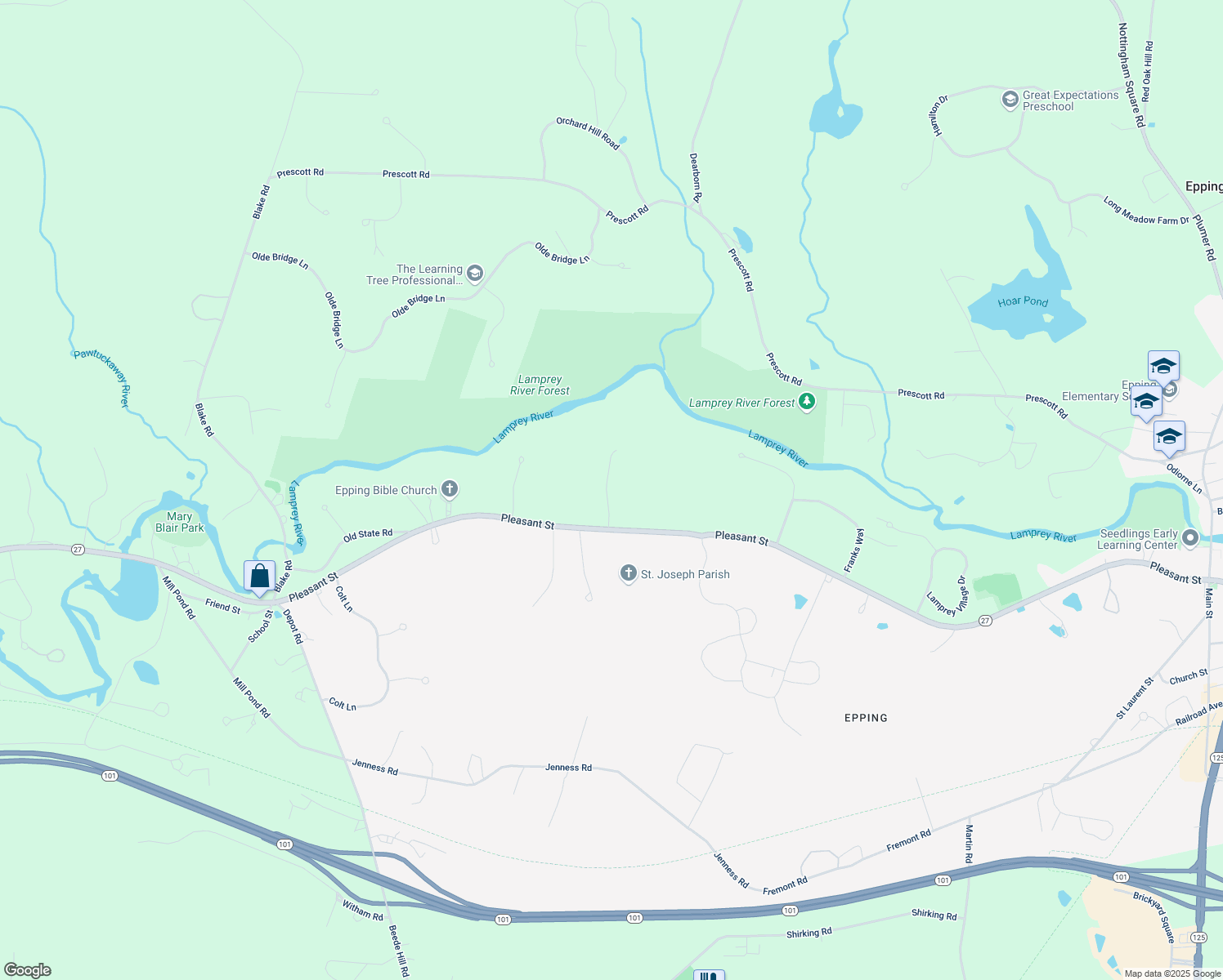 map of restaurants, bars, coffee shops, grocery stores, and more near 11 Overlook Drive in Epping