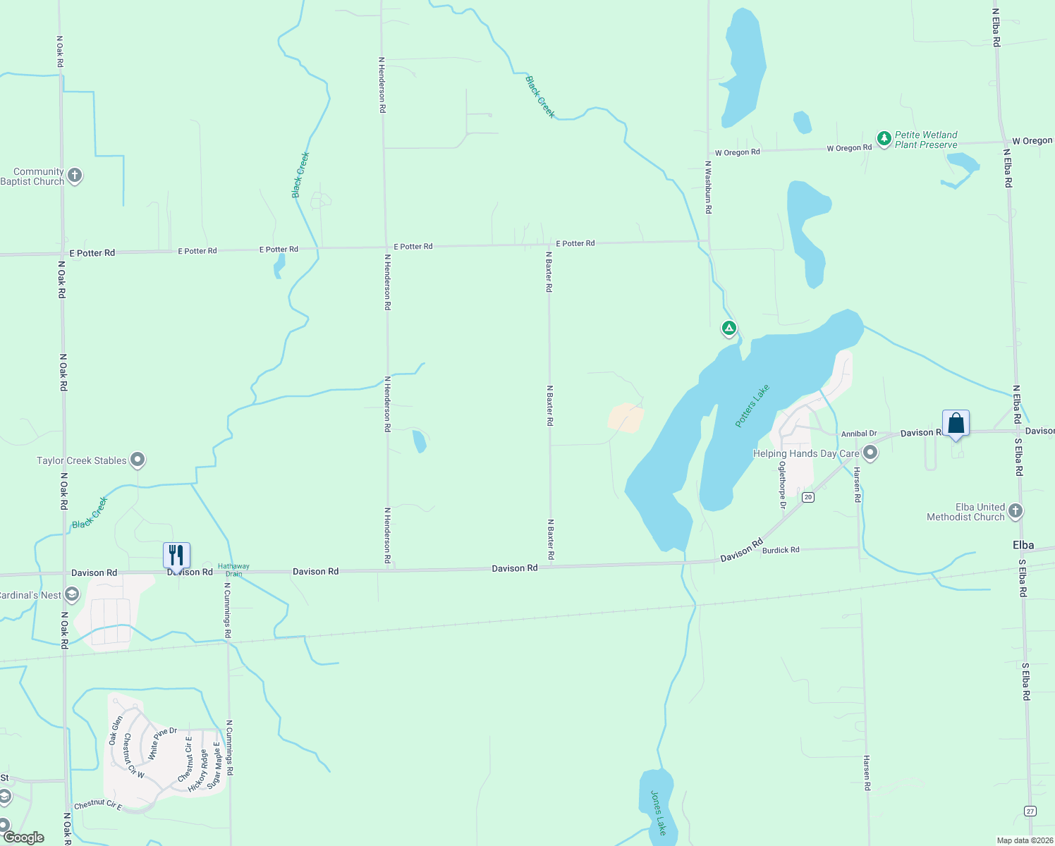 map of restaurants, bars, coffee shops, grocery stores, and more near 2227 North Baxter Road in Davison