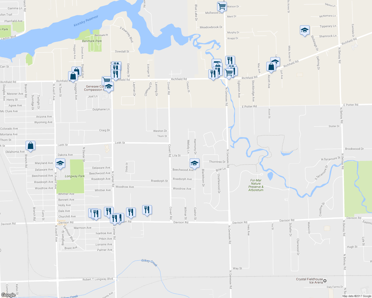 map of restaurants, bars, coffee shops, grocery stores, and more near 2339 Melody Lane in Burton