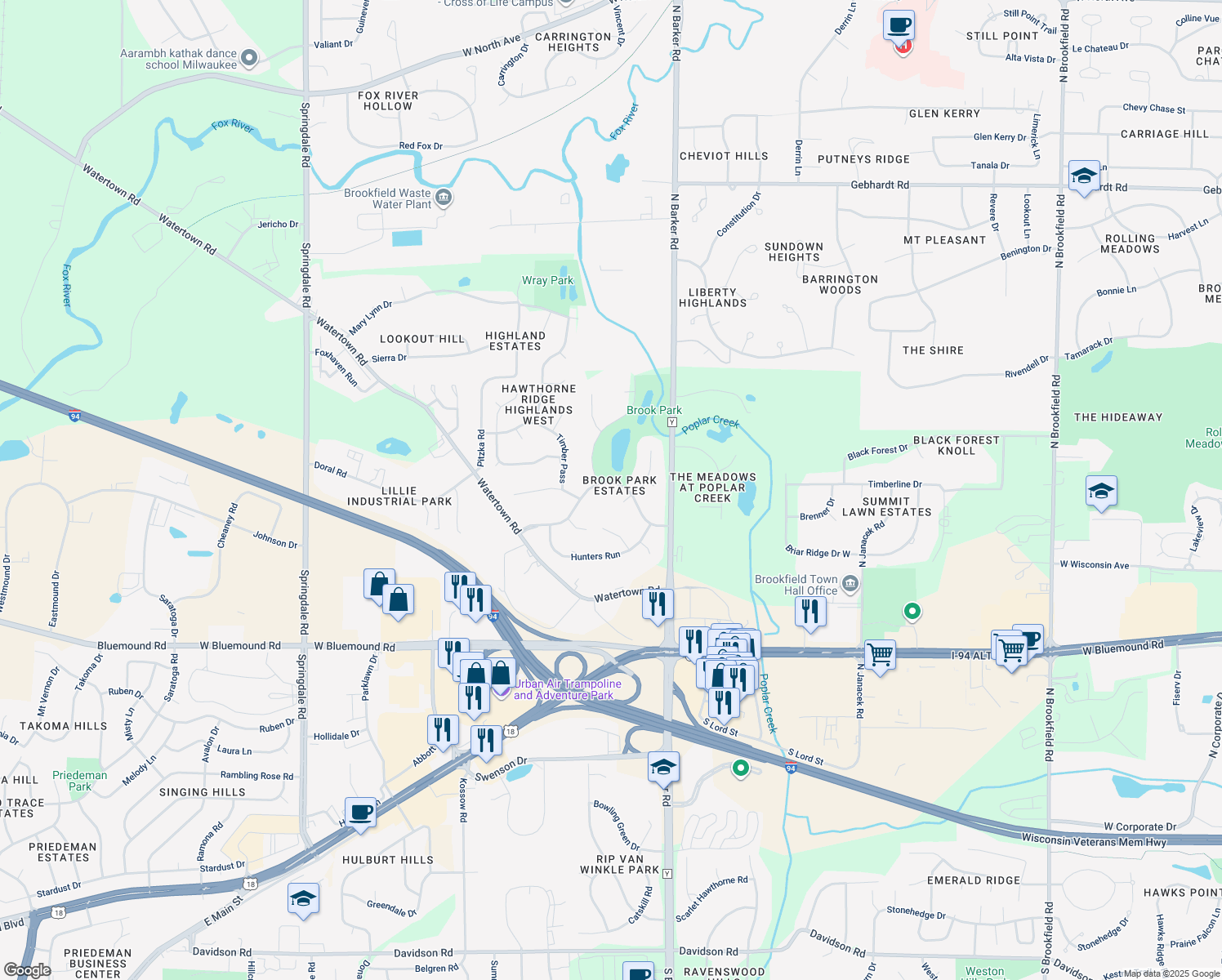 map of restaurants, bars, coffee shops, grocery stores, and more near 20625 Brook Park Drive in Brookfield