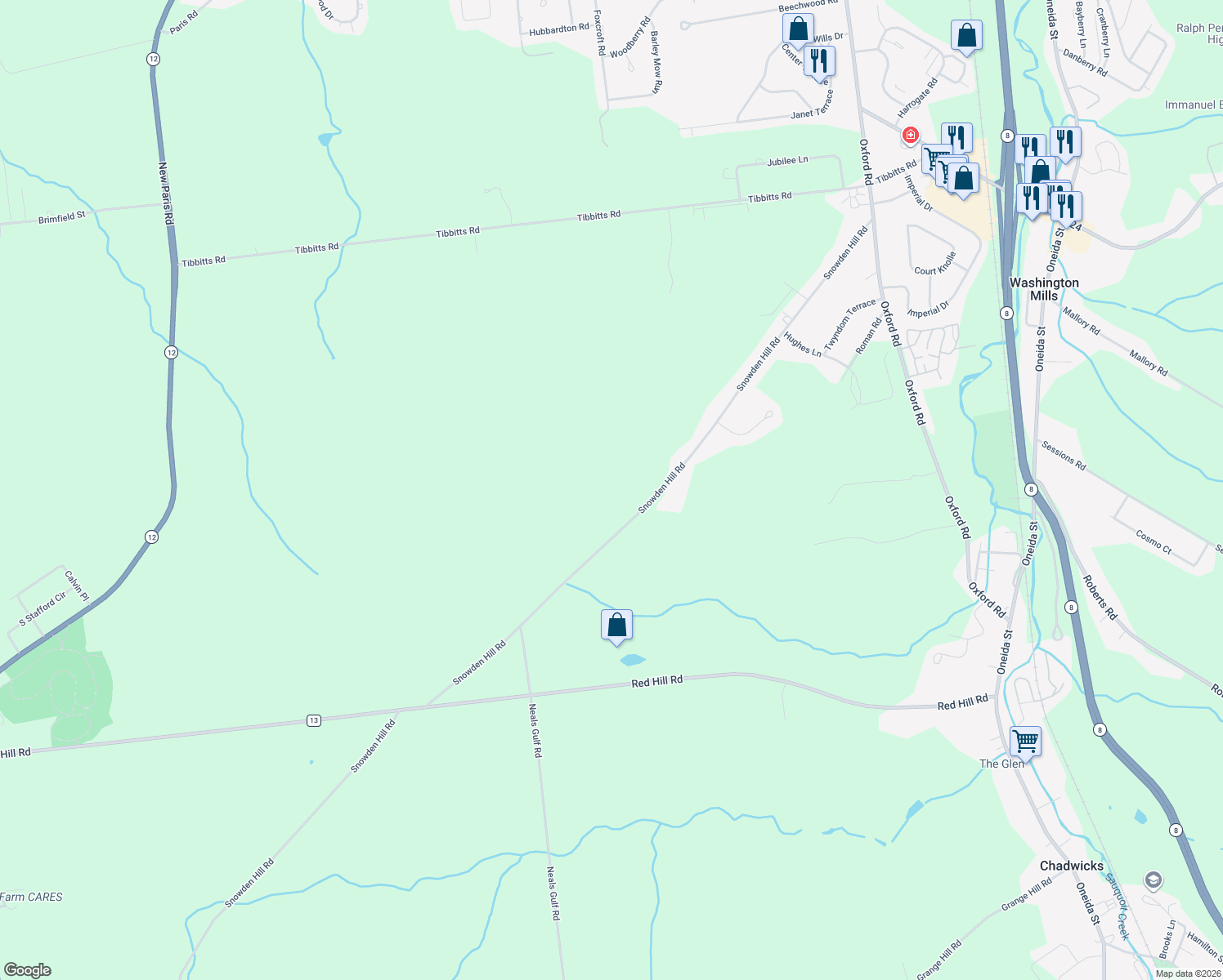 map of restaurants, bars, coffee shops, grocery stores, and more near 3685 Snowden Hill Road in New Hartford