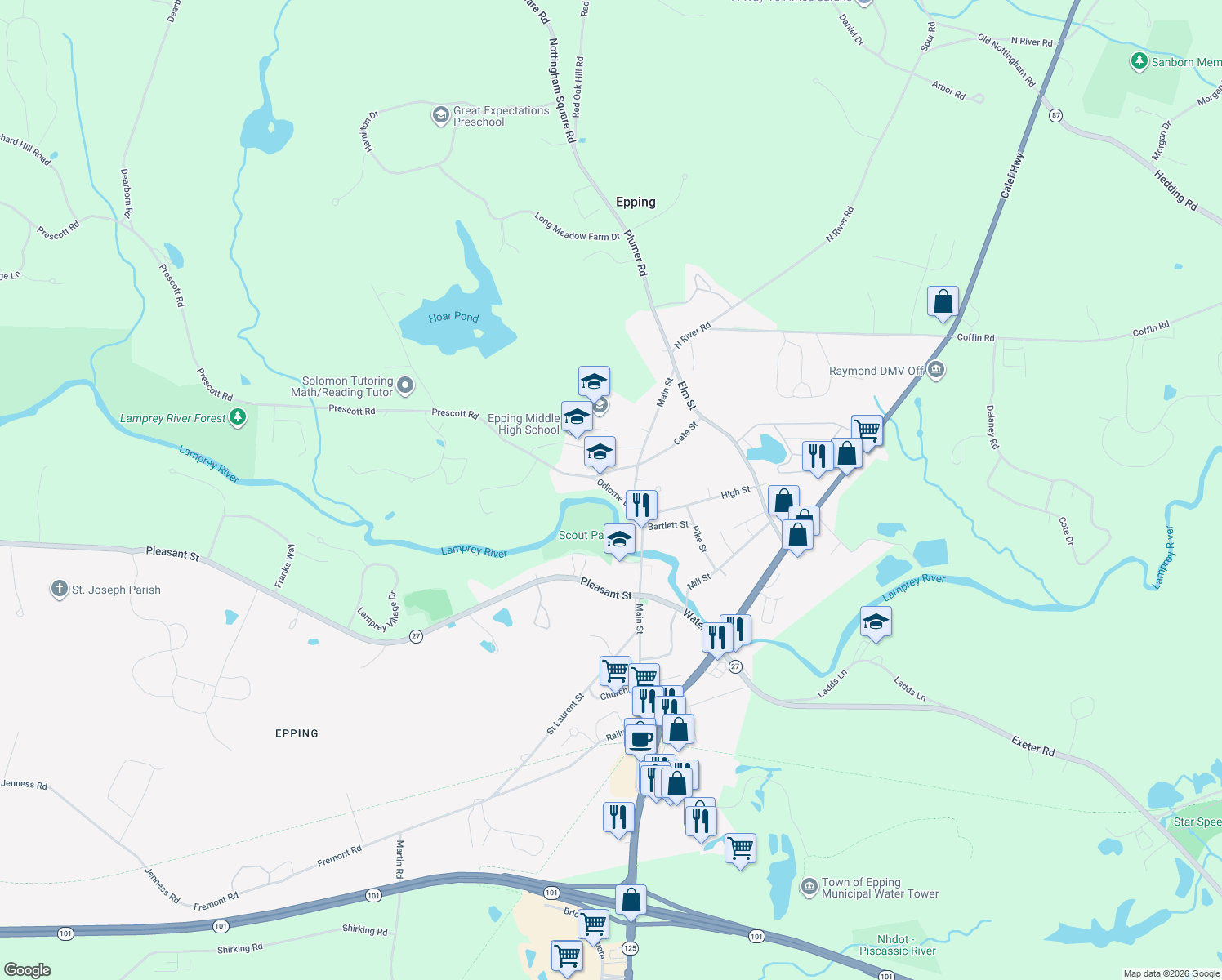 map of restaurants, bars, coffee shops, grocery stores, and more near 30 Odiorne Street in Epping