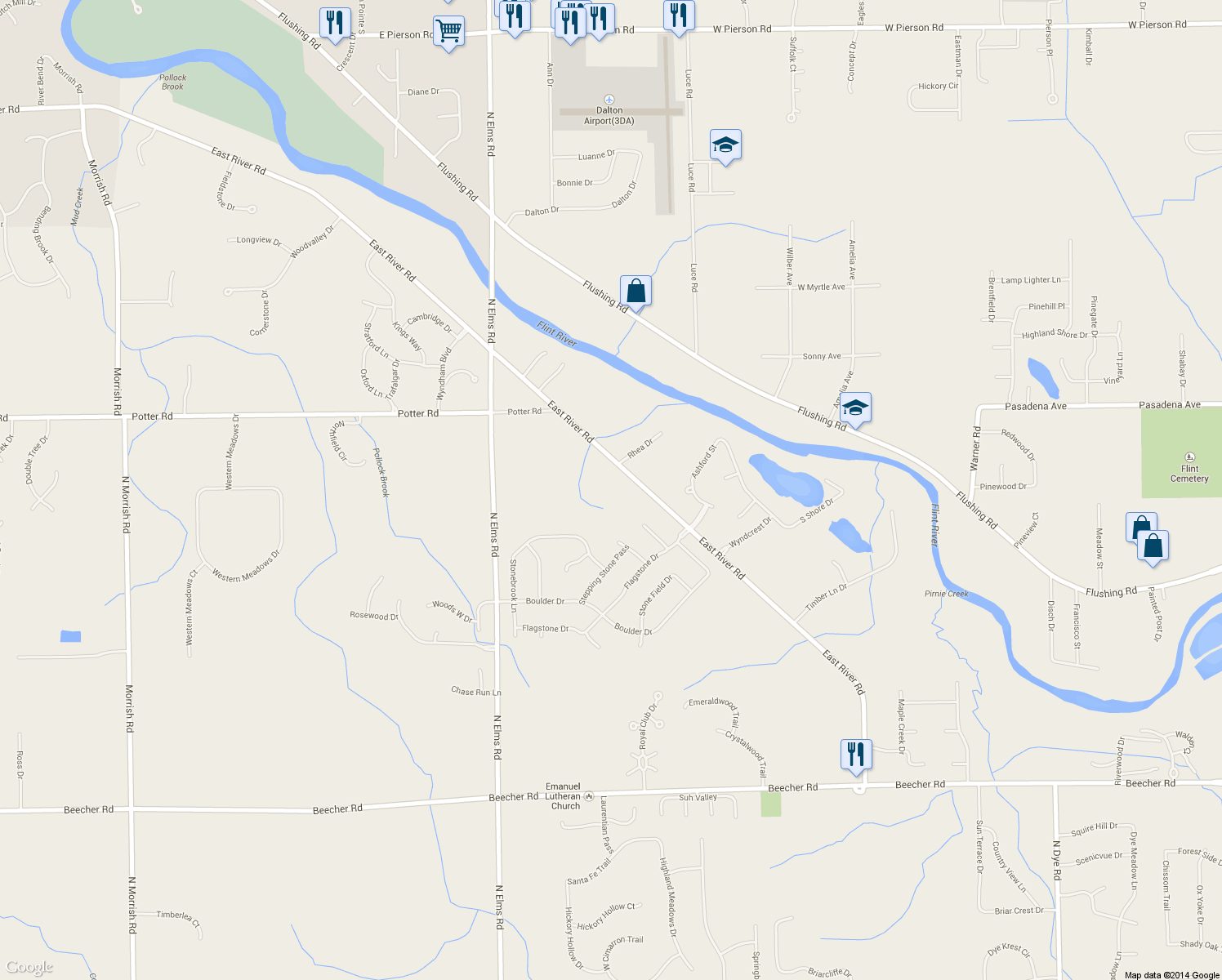 map of restaurants, bars, coffee shops, grocery stores, and more near 6595 East River Road in Flushing