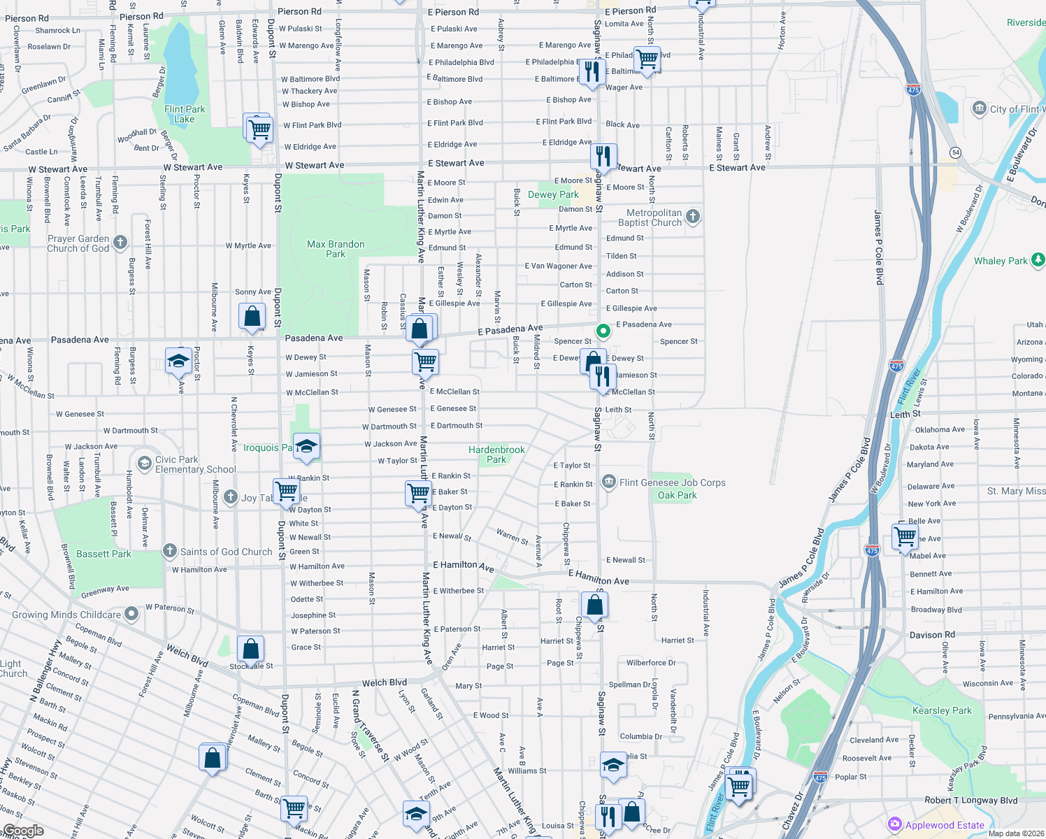 map of restaurants, bars, coffee shops, grocery stores, and more near 425 East Dartmouth Street in Flint