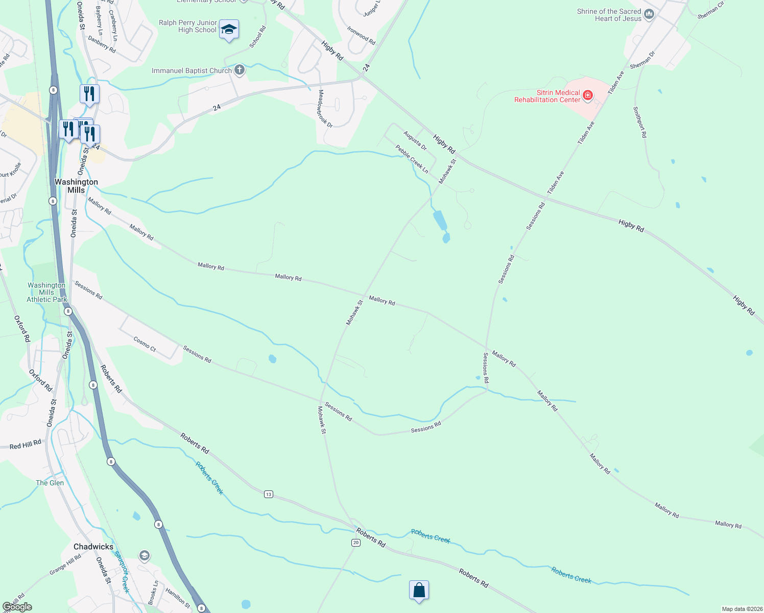 map of restaurants, bars, coffee shops, grocery stores, and more near 9662 Mallory Rd in New Hartford