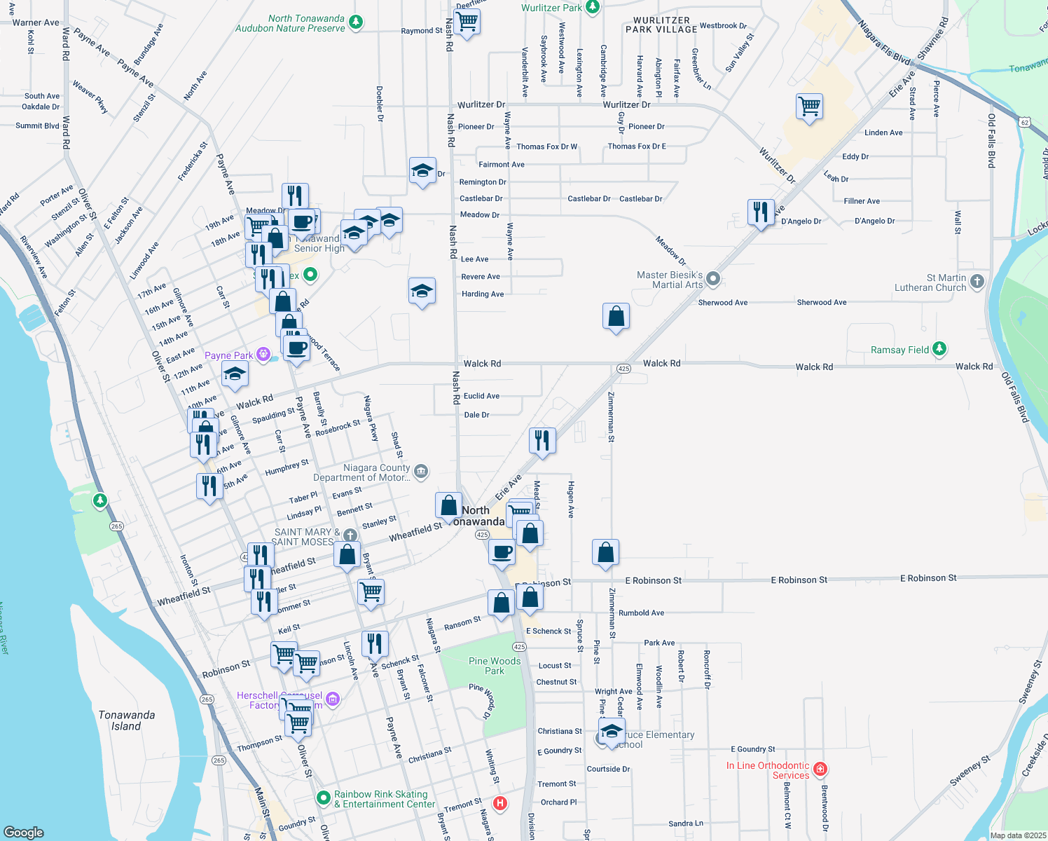 map of restaurants, bars, coffee shops, grocery stores, and more near 101 Dale Drive in North Tonawanda