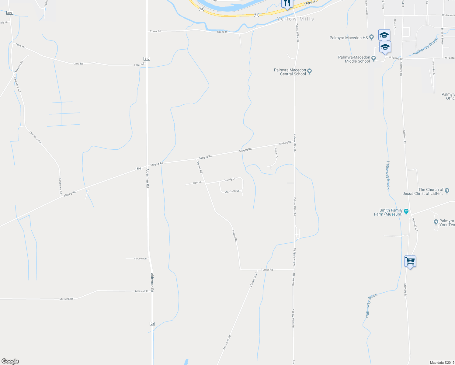 map of restaurants, bars, coffee shops, grocery stores, and more near 2320 Vandy Drive in Palmyra