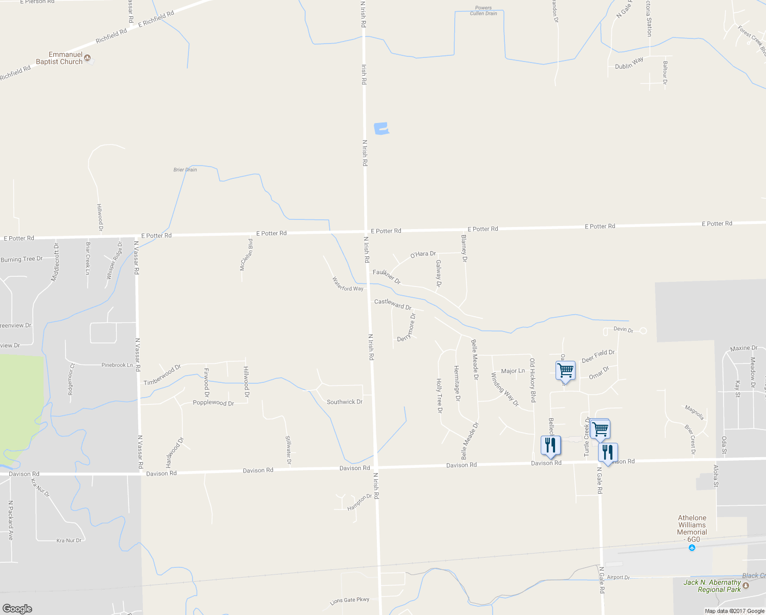 map of restaurants, bars, coffee shops, grocery stores, and more near 8032 Castleward Drive in Davison