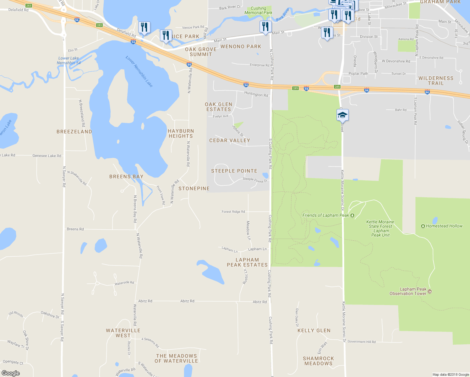 map of restaurants, bars, coffee shops, grocery stores, and more near 244 Steeple Pointe Circle in Delafield