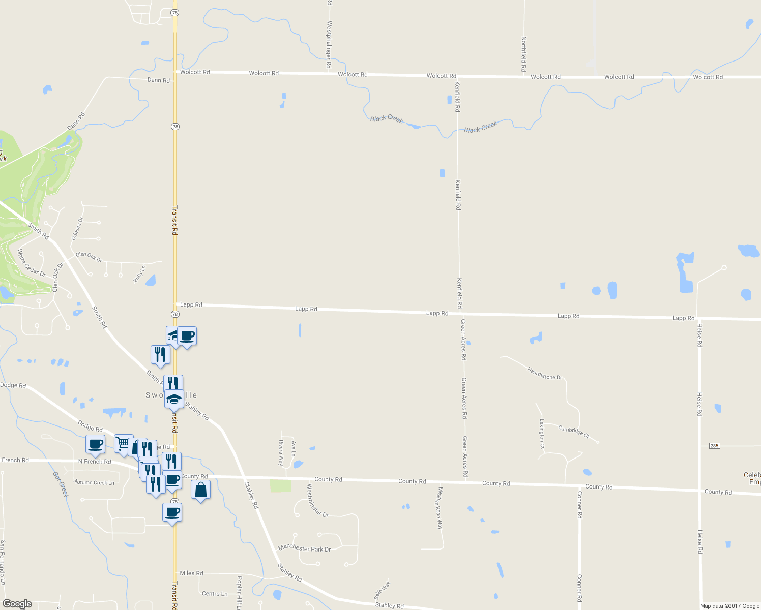map of restaurants, bars, coffee shops, grocery stores, and more near 8470 Lapp Road in Clarence Center