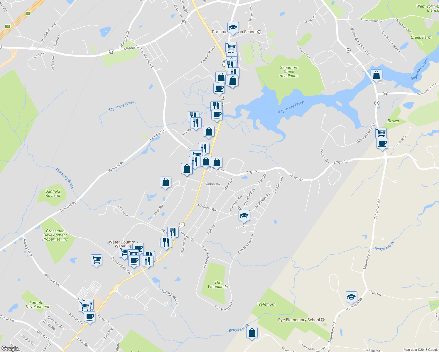 map of restaurants, bars, coffee shops, grocery stores, and more near 19 Edgewood Rd in Portsmouth