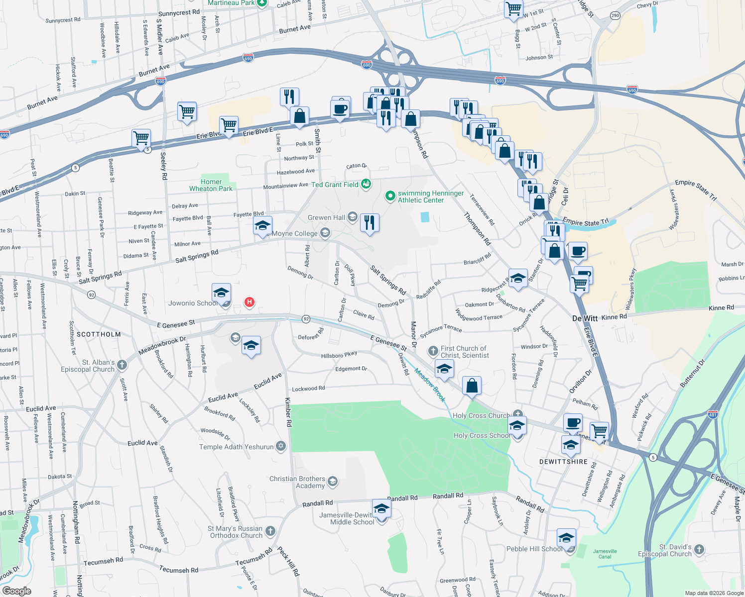 map of restaurants, bars, coffee shops, grocery stores, and more near 615 Demong Dr in Syracuse