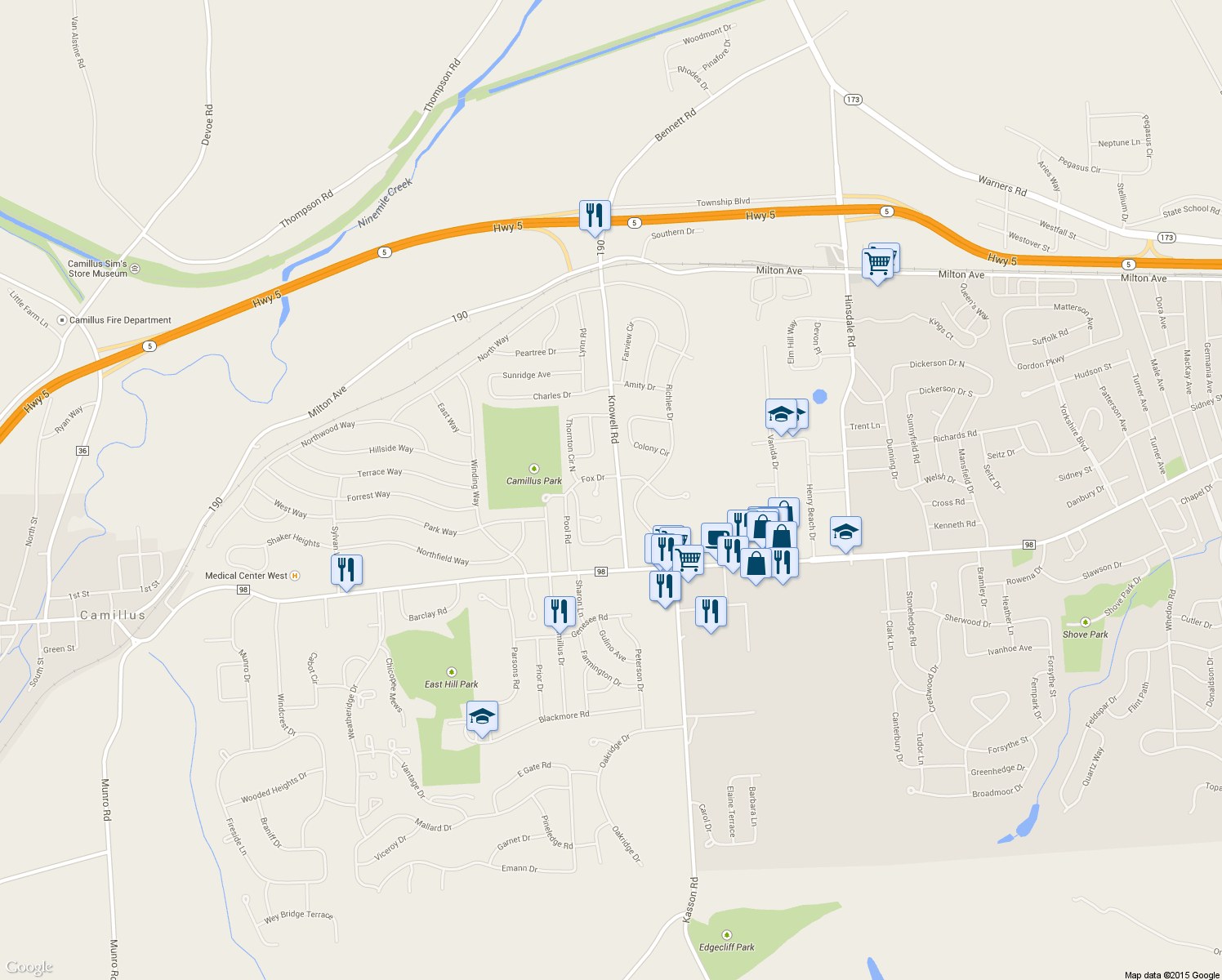 map of restaurants, bars, coffee shops, grocery stores, and more near 233 Knowell Rd in Camillus