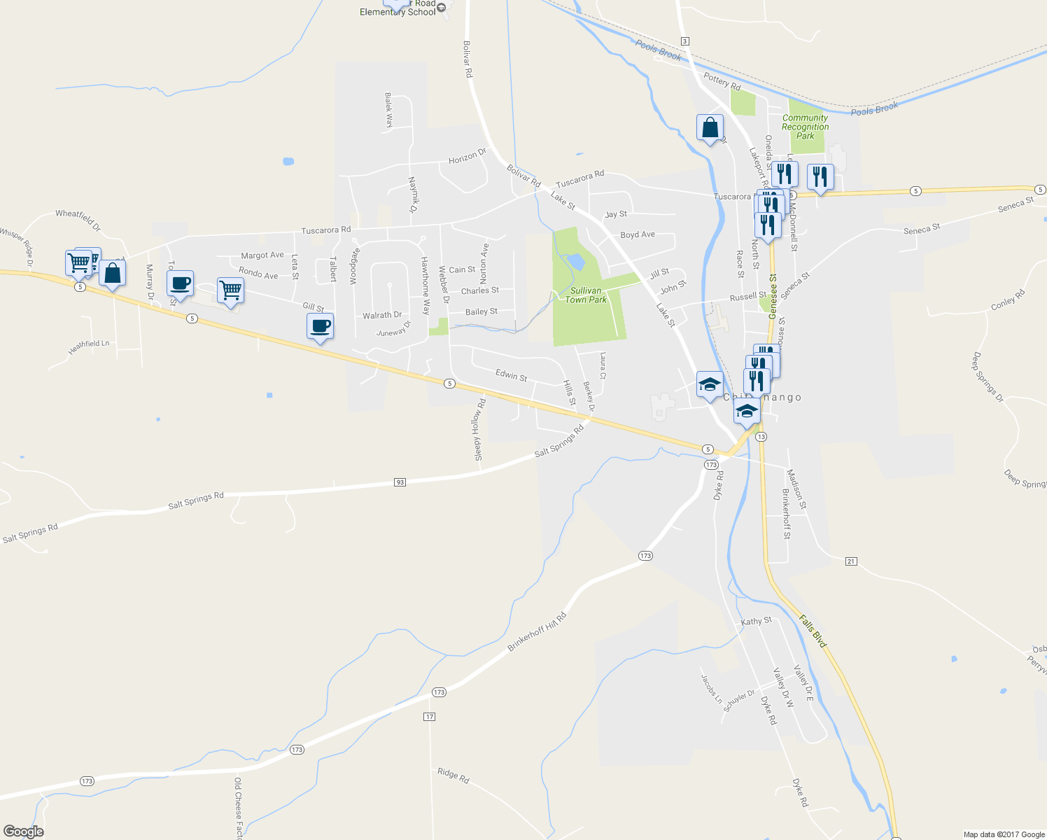 map of restaurants, bars, coffee shops, grocery stores, and more near 301 Genesee Street in Chittenango