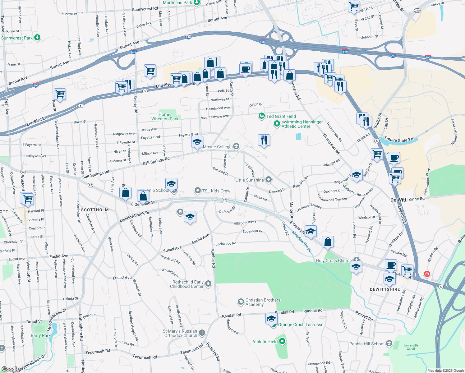 map of restaurants, bars, coffee shops, grocery stores, and more near 210 Deforest Rd in Syracuse
