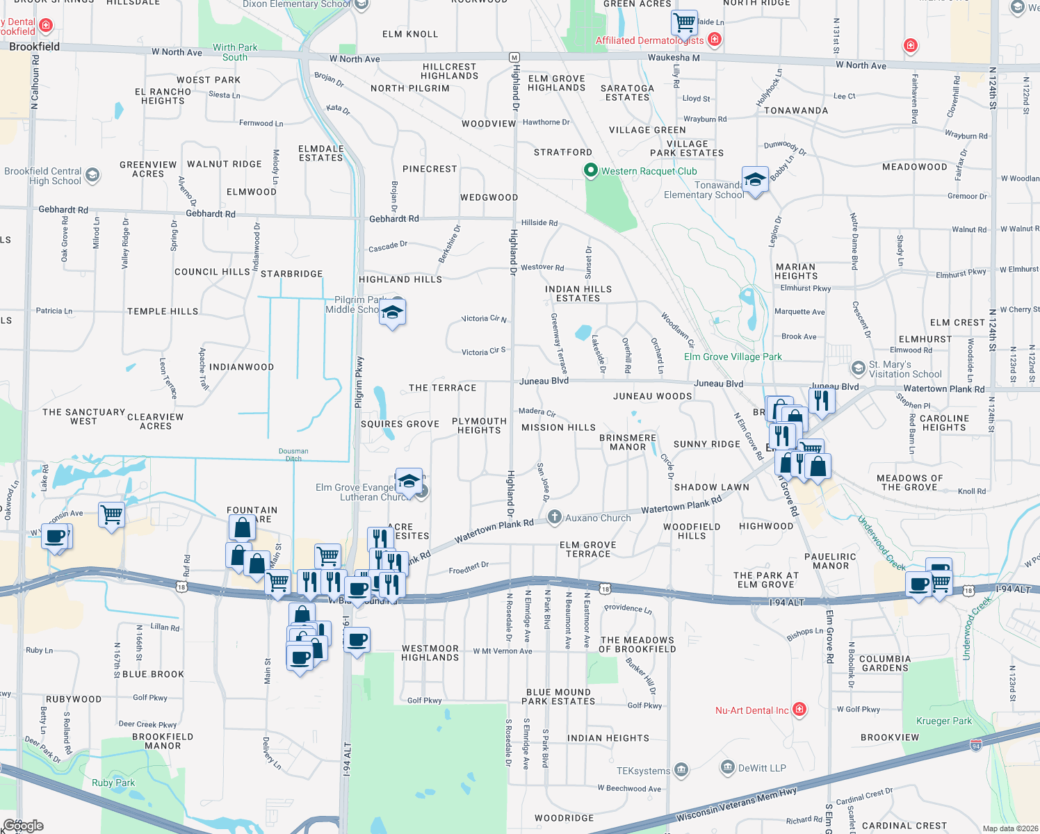 map of restaurants, bars, coffee shops, grocery stores, and more near 1145 Madera Circle in Elm Grove