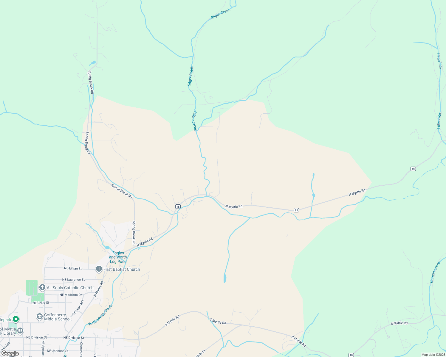 map of restaurants, bars, coffee shops, grocery stores, and more near 235 Bilger Creek Road in Myrtle Creek