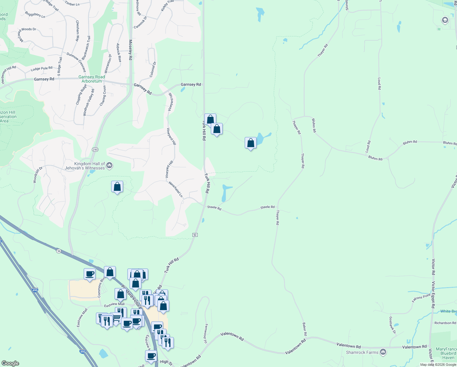 map of restaurants, bars, coffee shops, grocery stores, and more near 2470 Turk Hill Rd in Victor