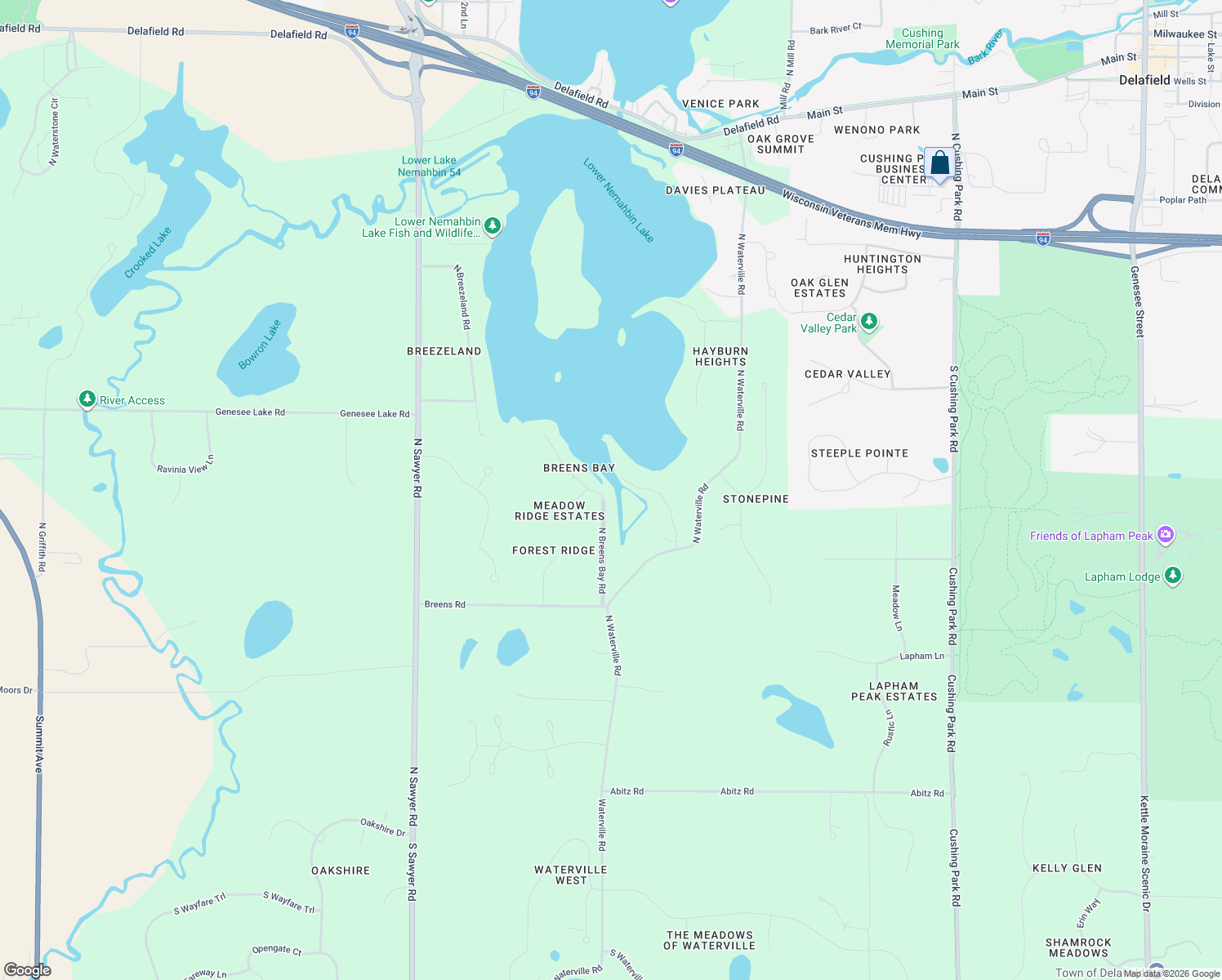 map of restaurants, bars, coffee shops, grocery stores, and more near 1004 North Breens Bay Road in Oconomowoc