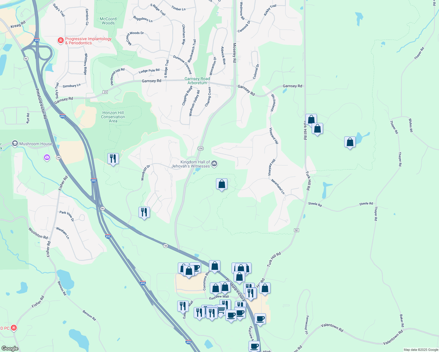 map of restaurants, bars, coffee shops, grocery stores, and more near 58 Neuchatel Lane in Fairport