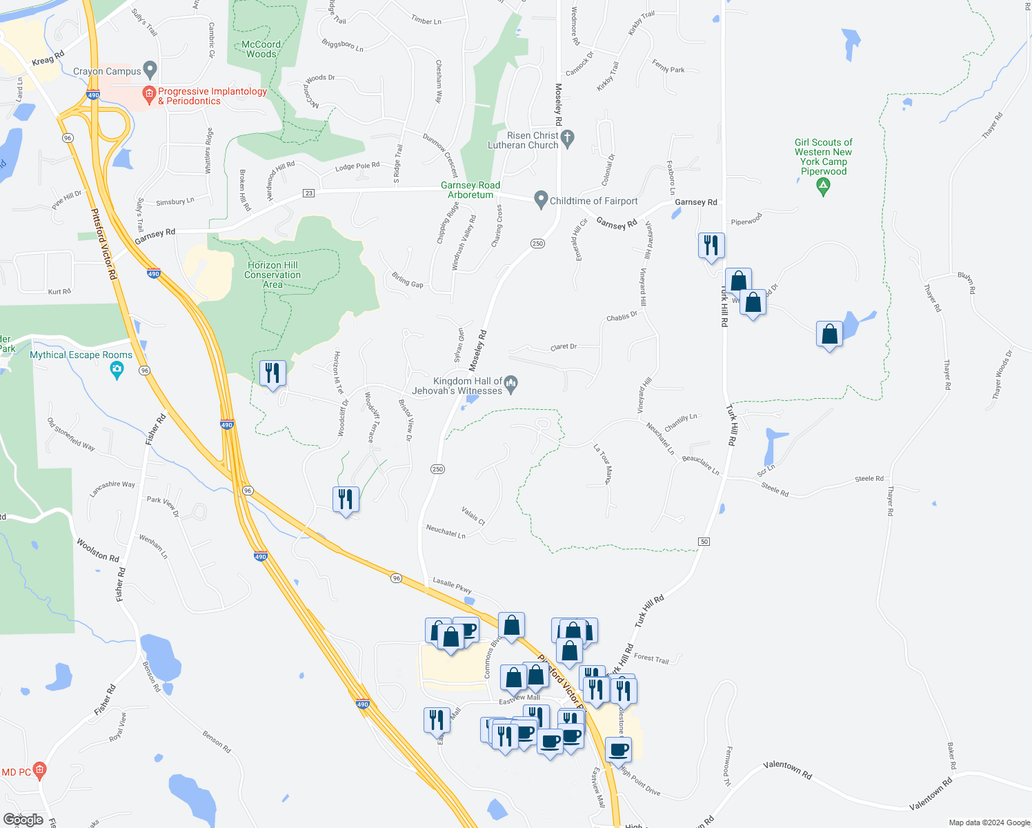 map of restaurants, bars, coffee shops, grocery stores, and more near 60 Neuchatel Lane in Fairport