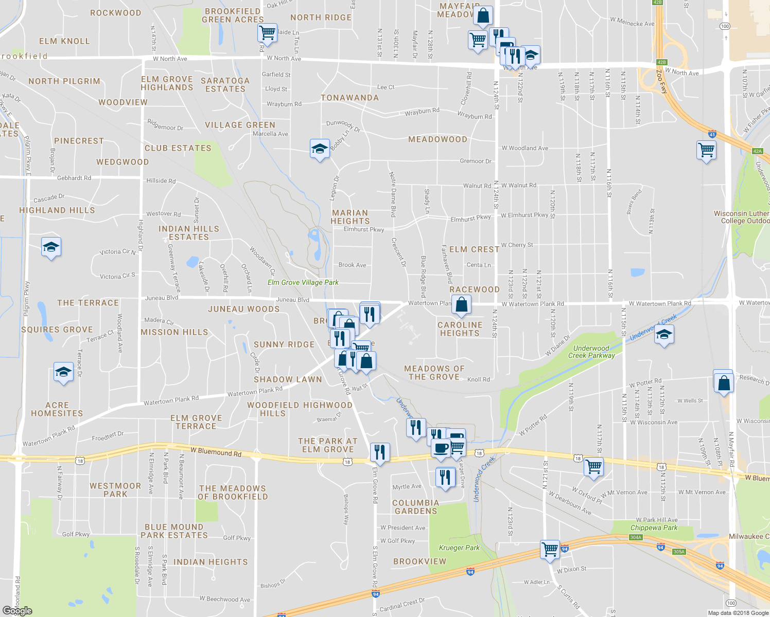 map of restaurants, bars, coffee shops, grocery stores, and more near 13130 Watertown Plank Road in Elm Grove