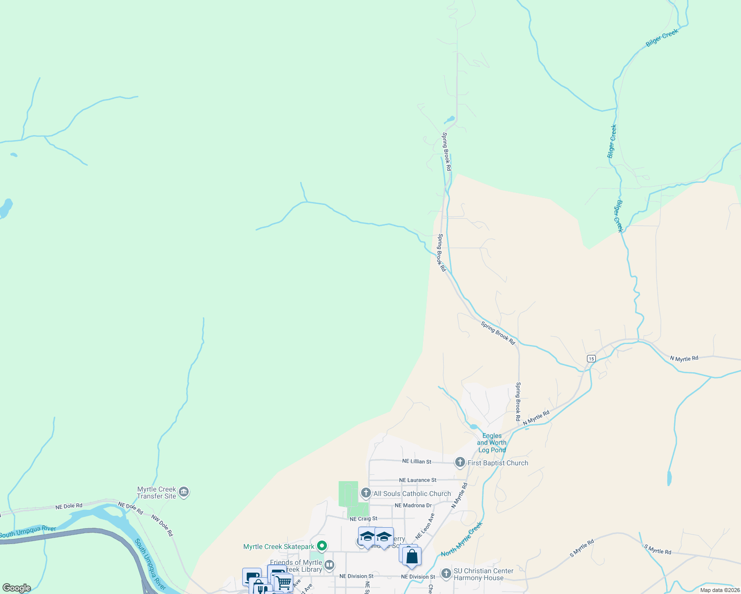 map of restaurants, bars, coffee shops, grocery stores, and more near 1226 Spring Brook Road in Myrtle Creek