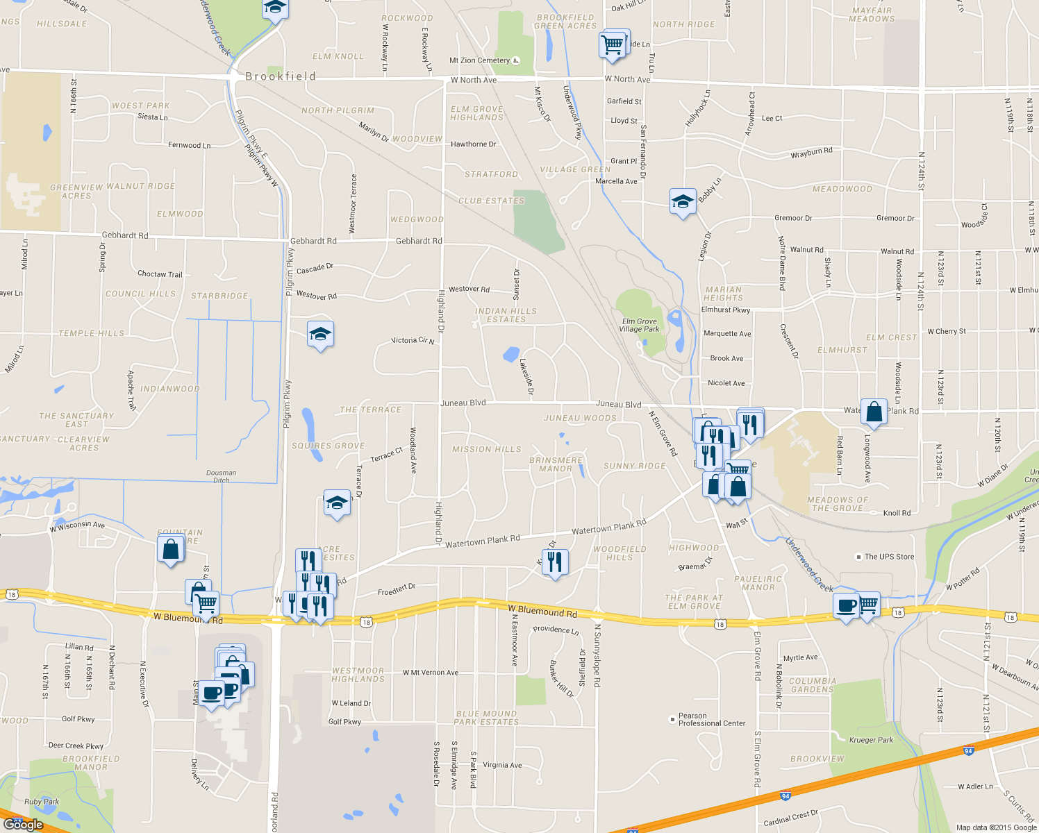 map of restaurants, bars, coffee shops, grocery stores, and more near 14405 Juneau Blvd in Elm Grove