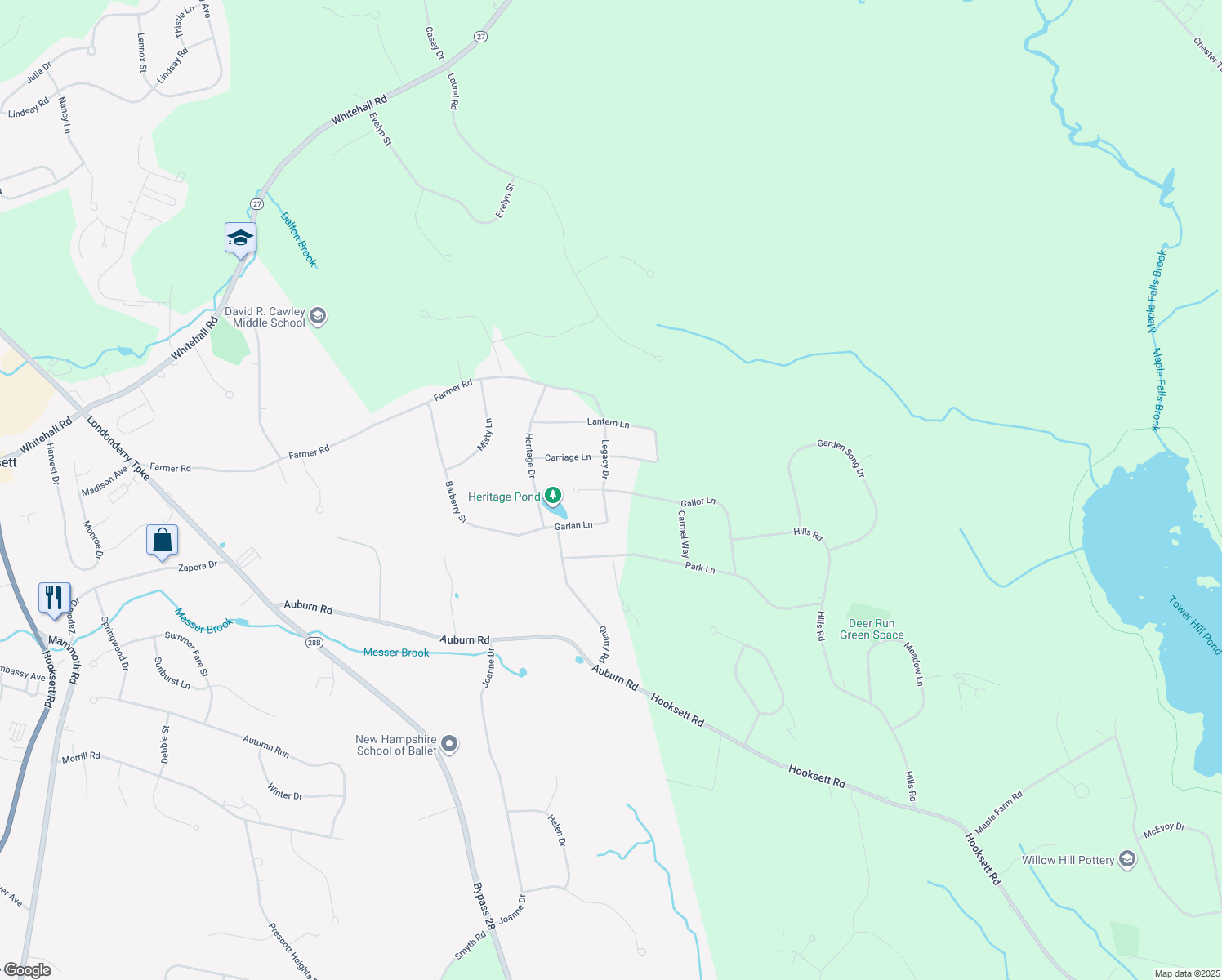 map of restaurants, bars, coffee shops, grocery stores, and more near 12 Gailor Lane in Hooksett