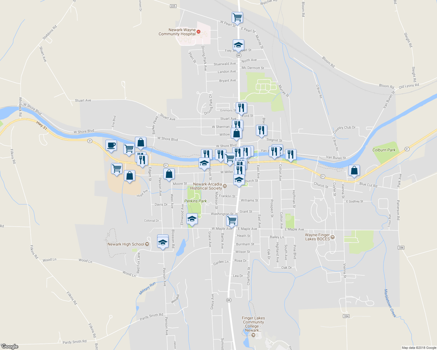 map of restaurants, bars, coffee shops, grocery stores, and more near 212 West Miller Street in Newark