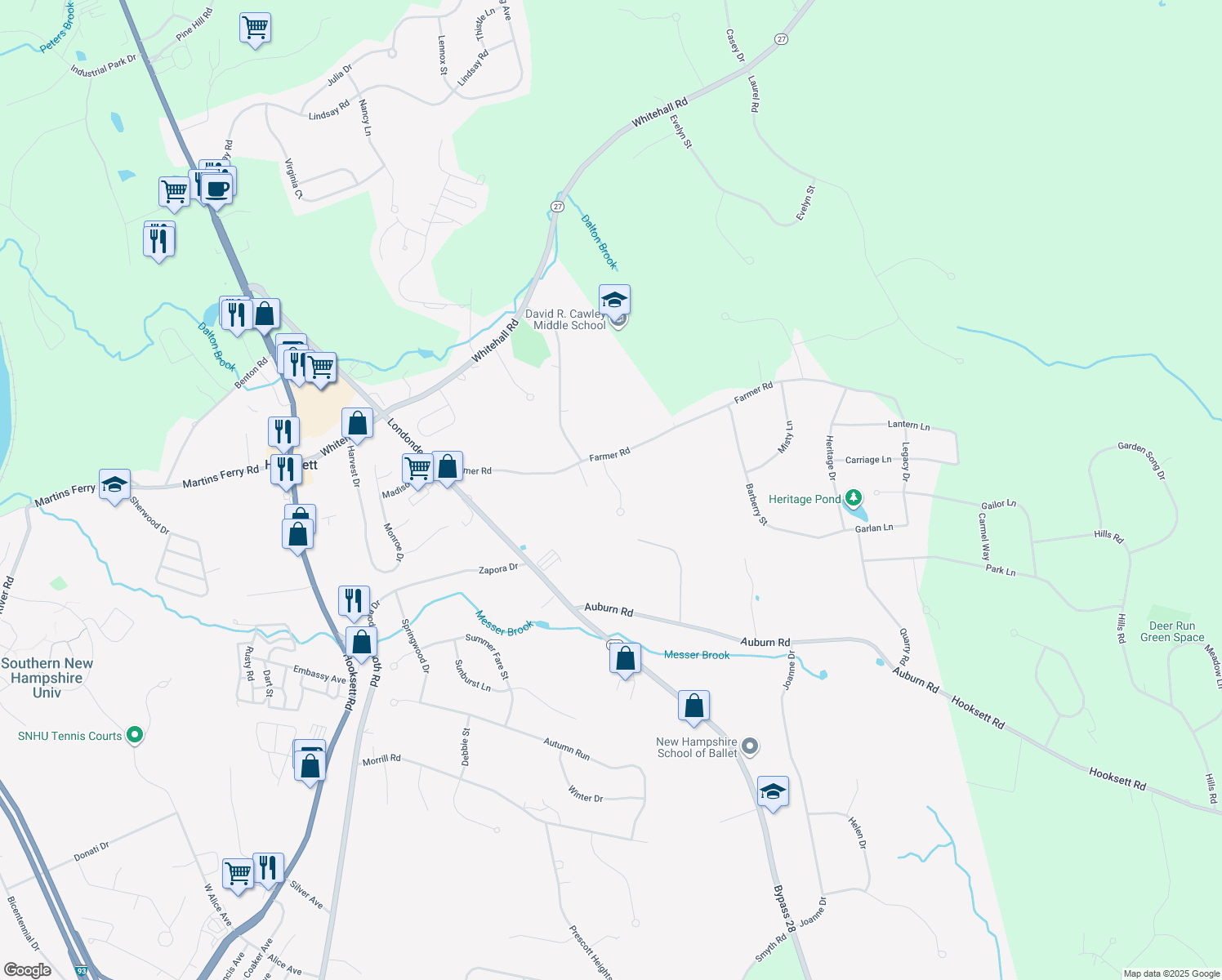 map of restaurants, bars, coffee shops, grocery stores, and more near 7 Greystone Terrace in Hooksett