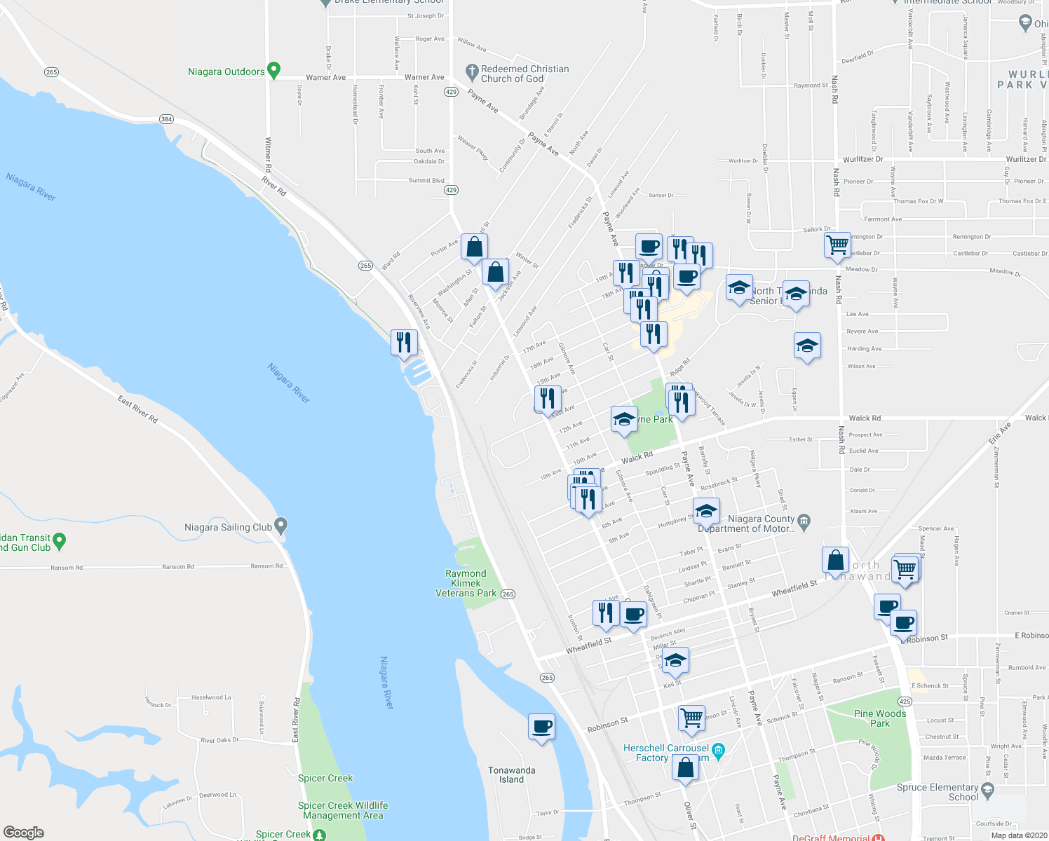 map of restaurants, bars, coffee shops, grocery stores, and more near 874 Oliver Street in North Tonawanda