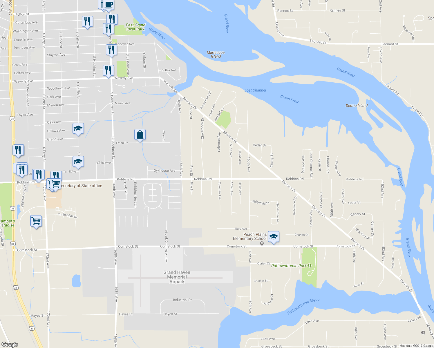 map of restaurants, bars, coffee shops, grocery stores, and more near 15235 Coleman Avenue in Grand Haven