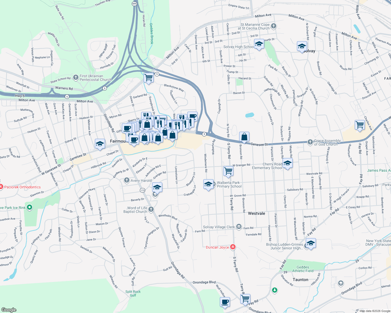 map of restaurants, bars, coffee shops, grocery stores, and more near 510 Blueberry Lane in Syracuse
