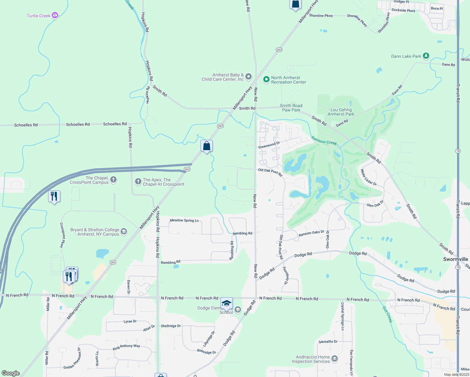 map of restaurants, bars, coffee shops, grocery stores, and more near 6 Gray Birch Ct in East Amherst